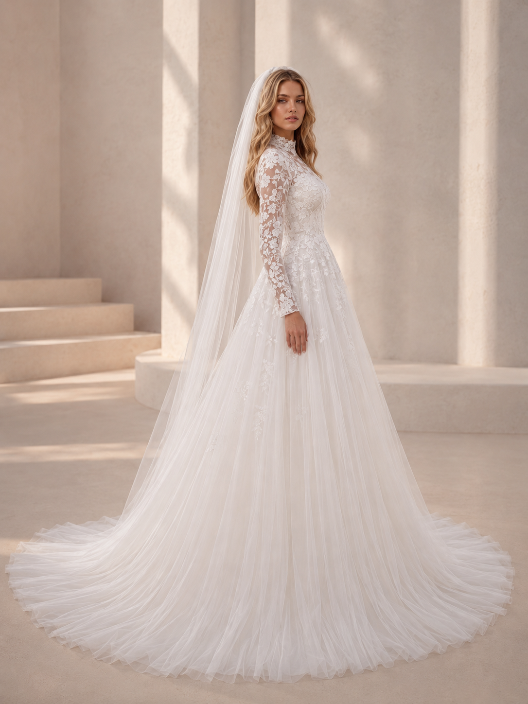 White High-Neck Long-Sleeve Lace Appliqué A-Line Maxi Wedding Dress 