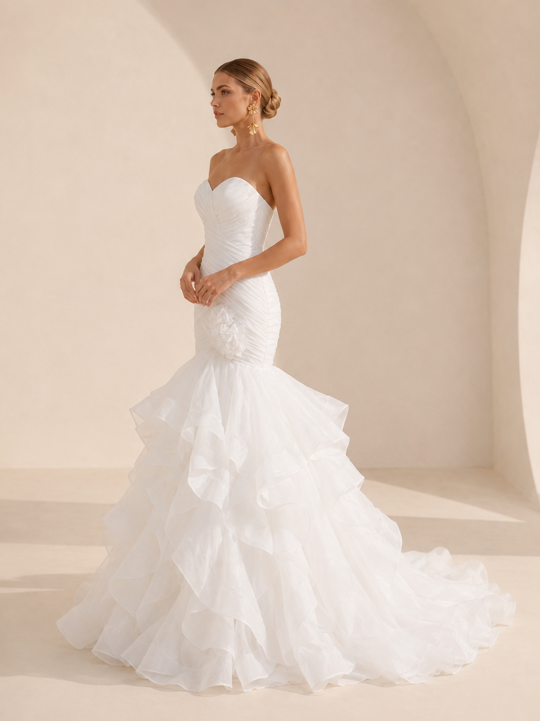 White Sweetheart Strapless Ruched Mermaid Wedding Dress with Ruffled Organza Train