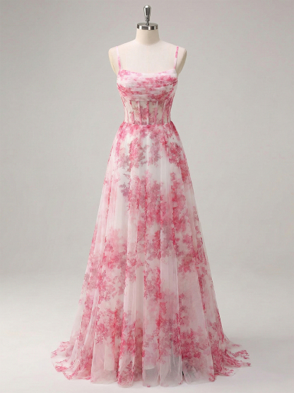 Pink Floral Spaghetti Straps Corset Tulle Long Prom Dress