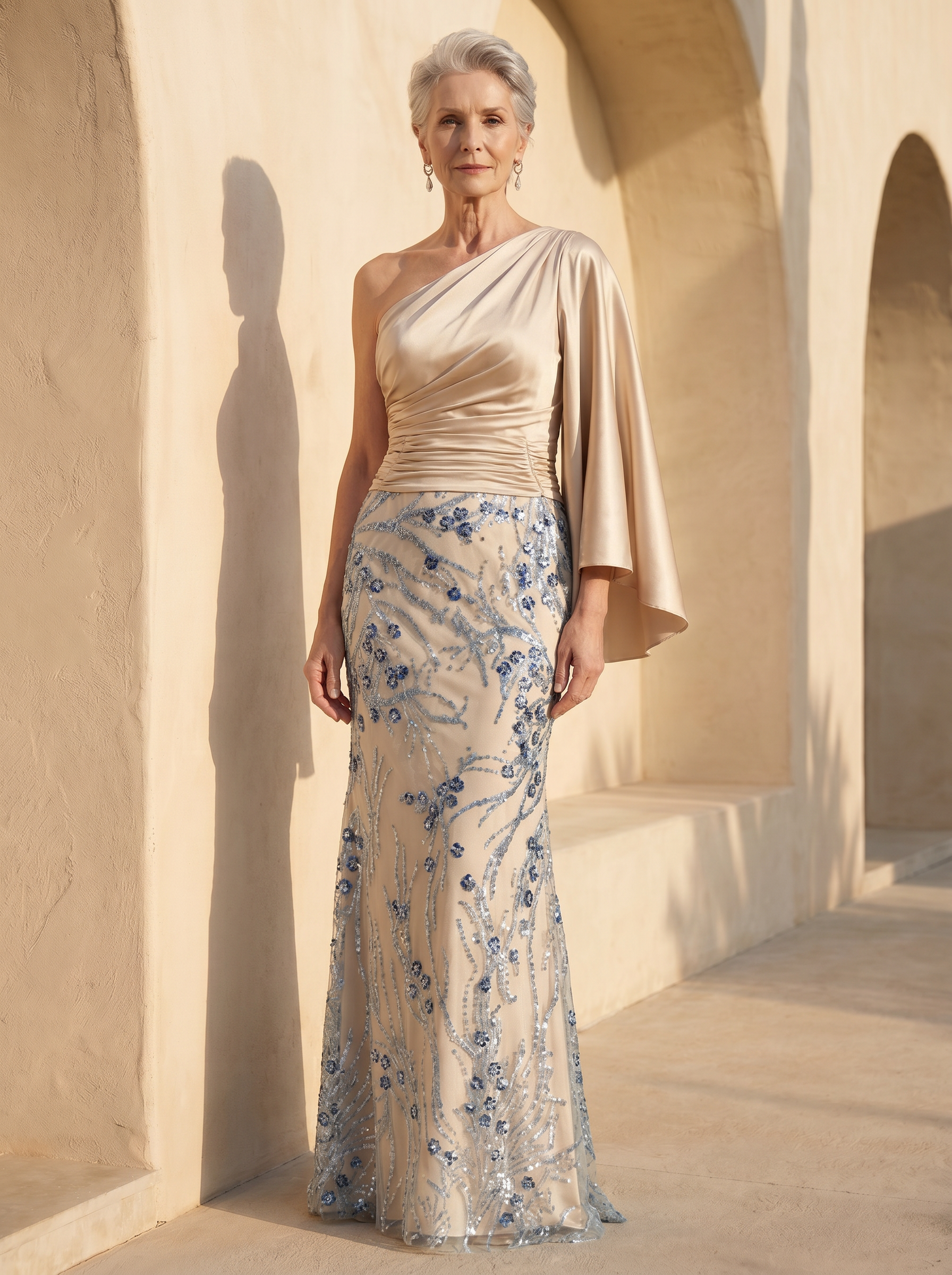 Elegant Champagne and Silver Sequin One Shoulder Mother of the Bride & Groom Dresses with Cape Detail 