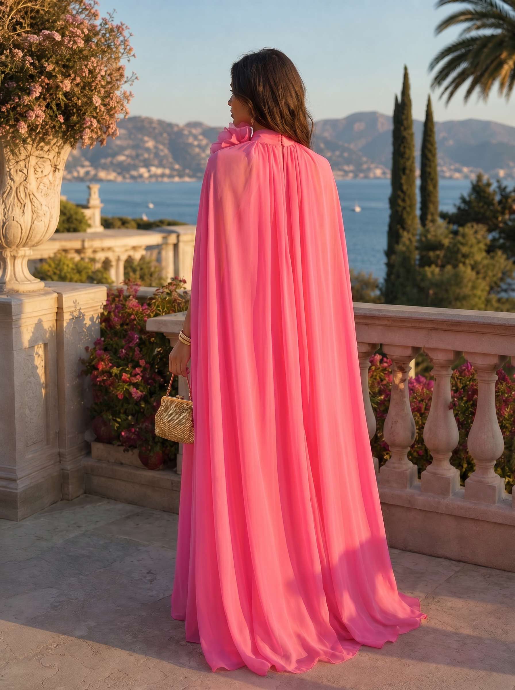Vibrant Fuchsia Chiffon Cape High Neck Formal Evening Dress with Floral Statement