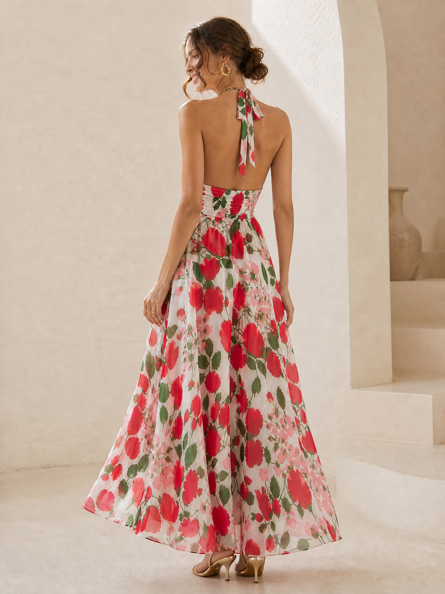 Red Floral Halter Chiffon Sleeveless A-Line Maxi Gown Dress