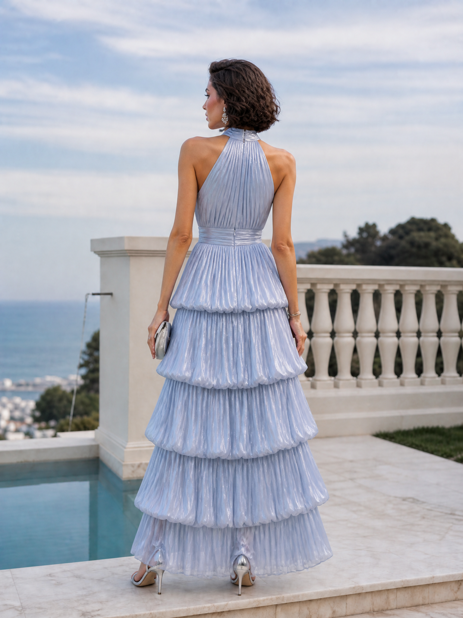 Ice Blue Metallic Tiered Halter Sleeveless A-Line Maxi Evening Gown Dress 