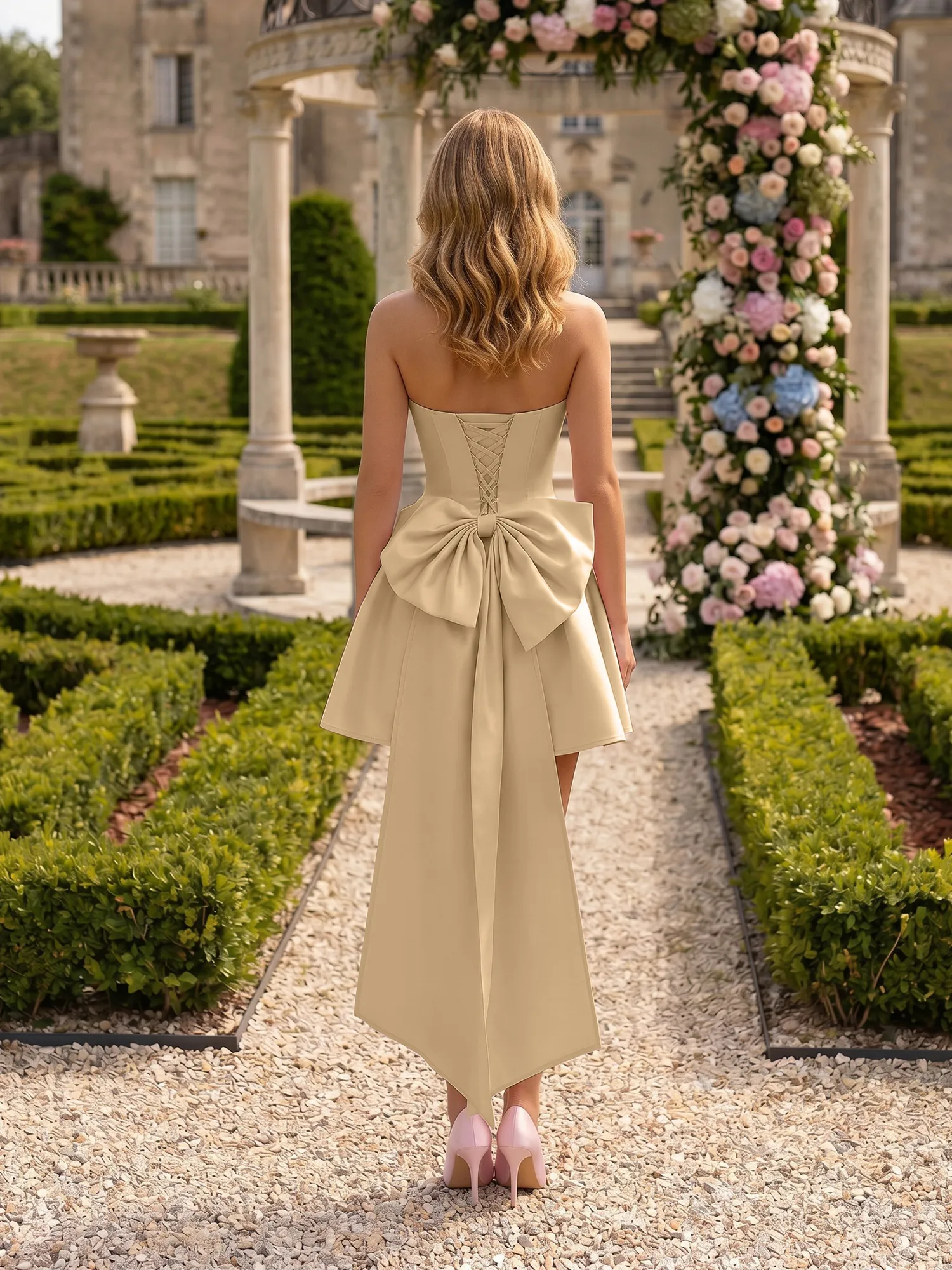 Strapless Draped Satin High-Low Homecoming Dress with Oversized Bow Back