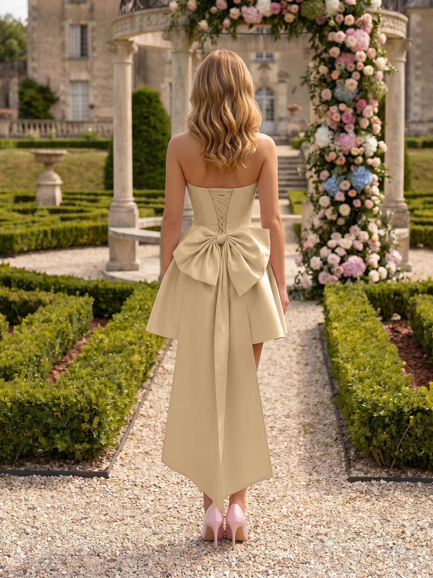 Blush Pink Strapless High-Low Satin Homecoming Mini Dress