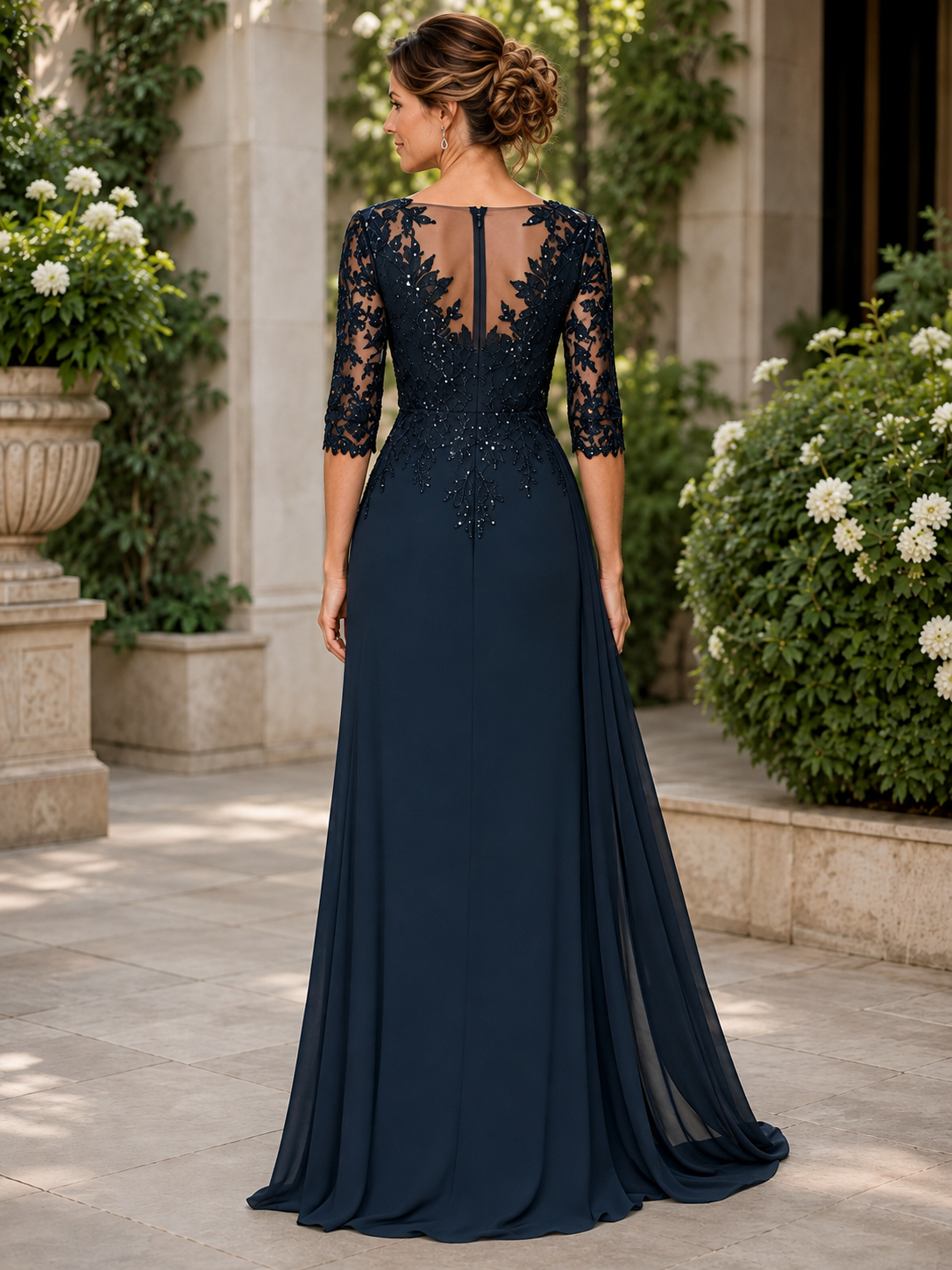 Dark Navy Blue Sequin V-Neck Lace Slit Maxi Mother of the Bride & Groom Dresses