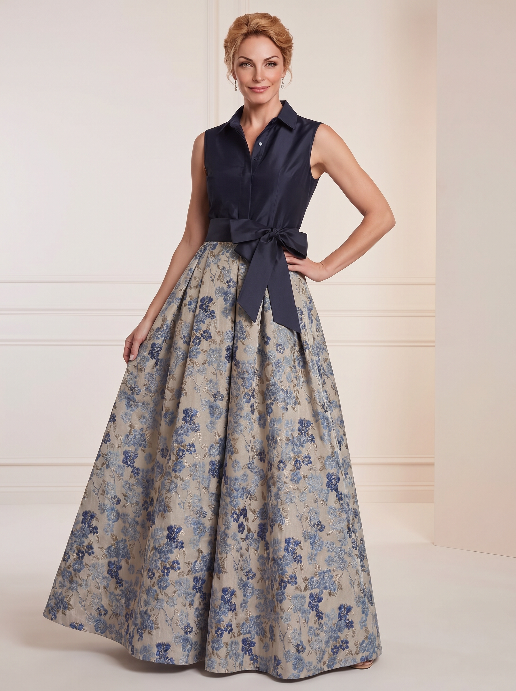 Sophisticated Navy Blue Floral Print Collared A-Line Formal Evening Dress 