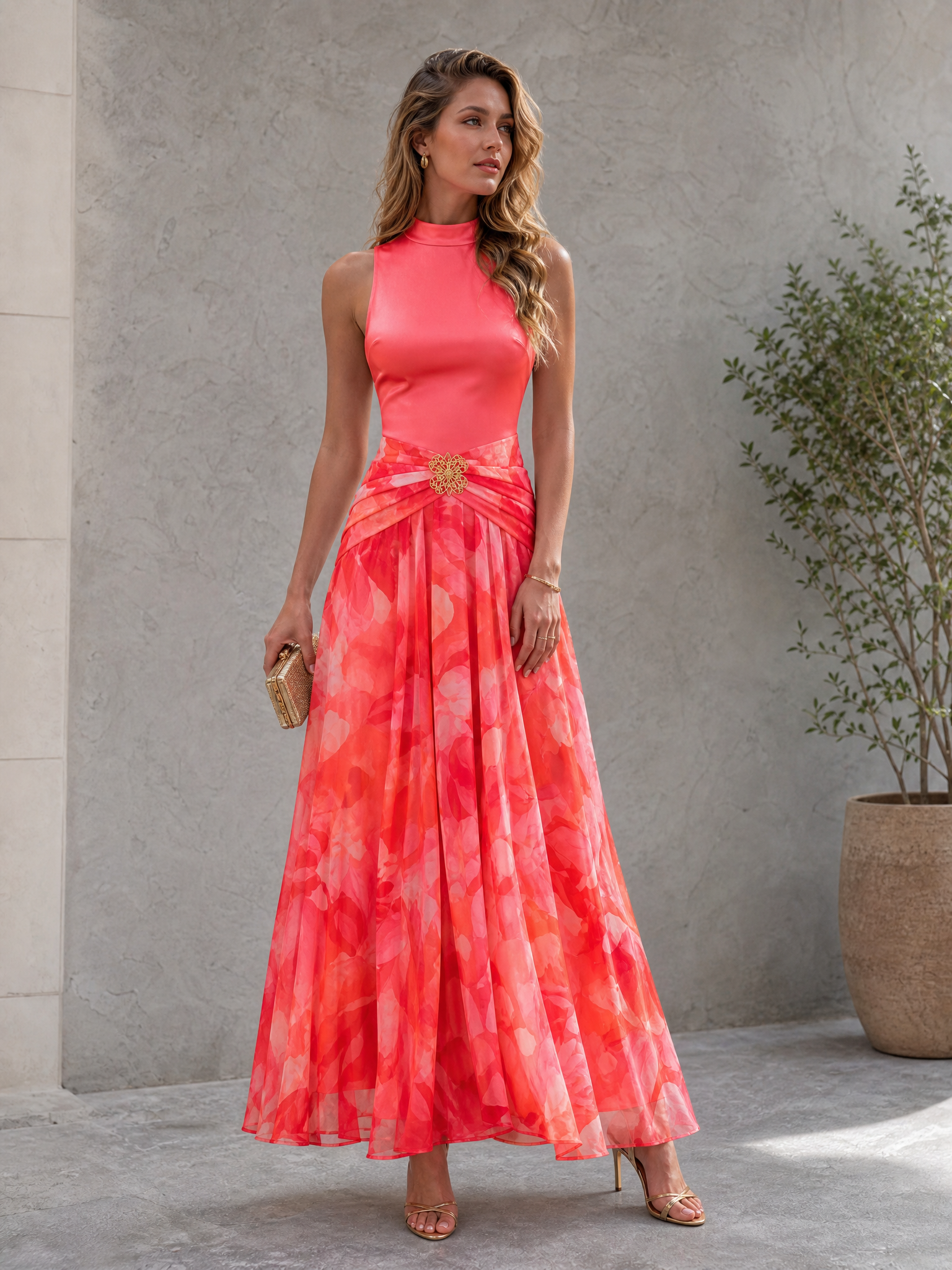 Coral Pink Mock-Neck Watercolor Floral Sleeveless A-Line Maxi Gown Dress