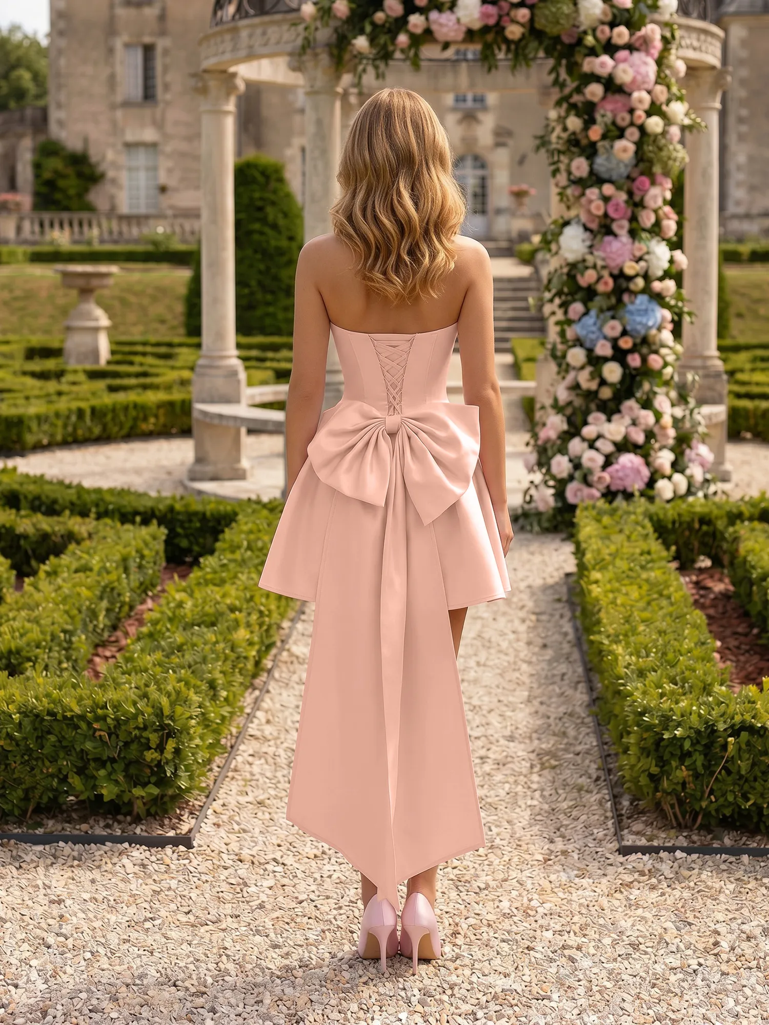 Strapless Draped Satin High-Low Homecoming Dress with Oversized Bow Back