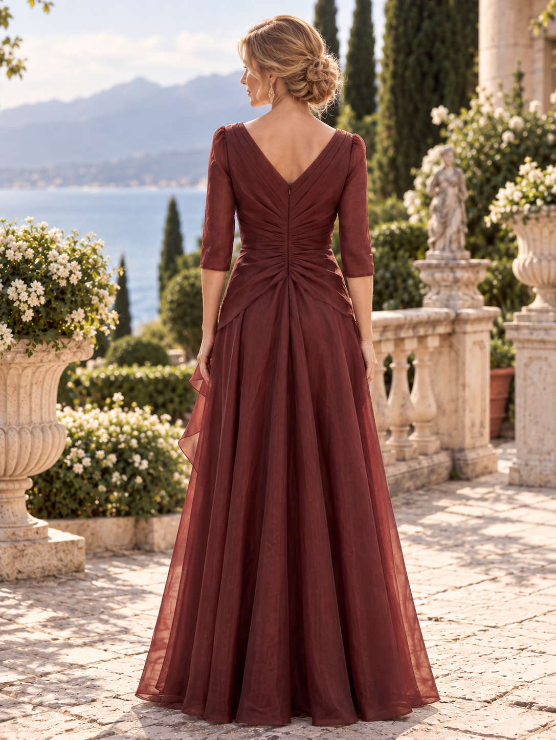 Burgundy Draped V-Neck A-Line Maxi Mother of the Bride & Groom Dresses 