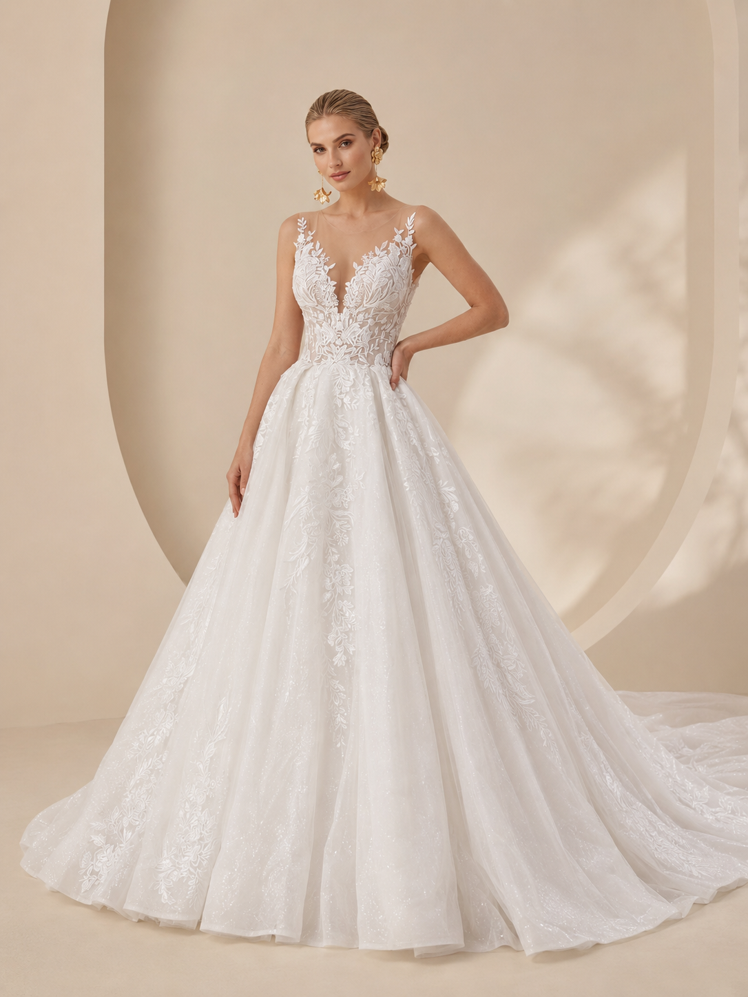 White Illusion Plunge Sleeveless Sweetheart Lace Appliqué A-Line Maxi Wedding Dress 