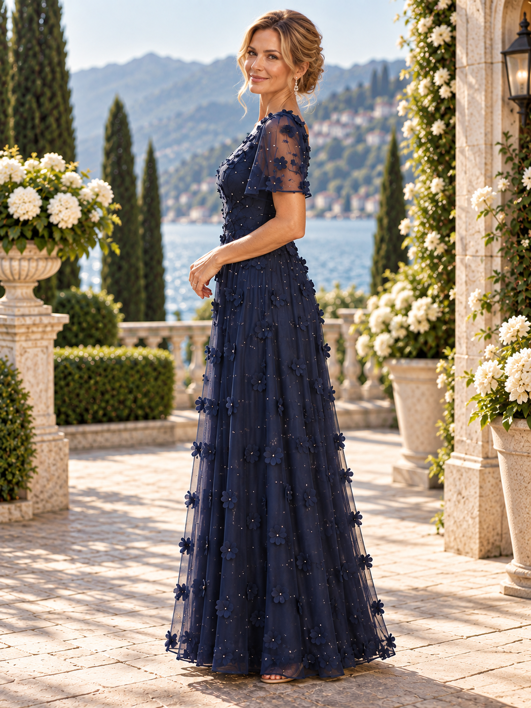 Navy Blue Flutter Sleeve 3D Floral Beaded Tulle V-Neck A-Line Mother of the Bride & Groom Dresses 