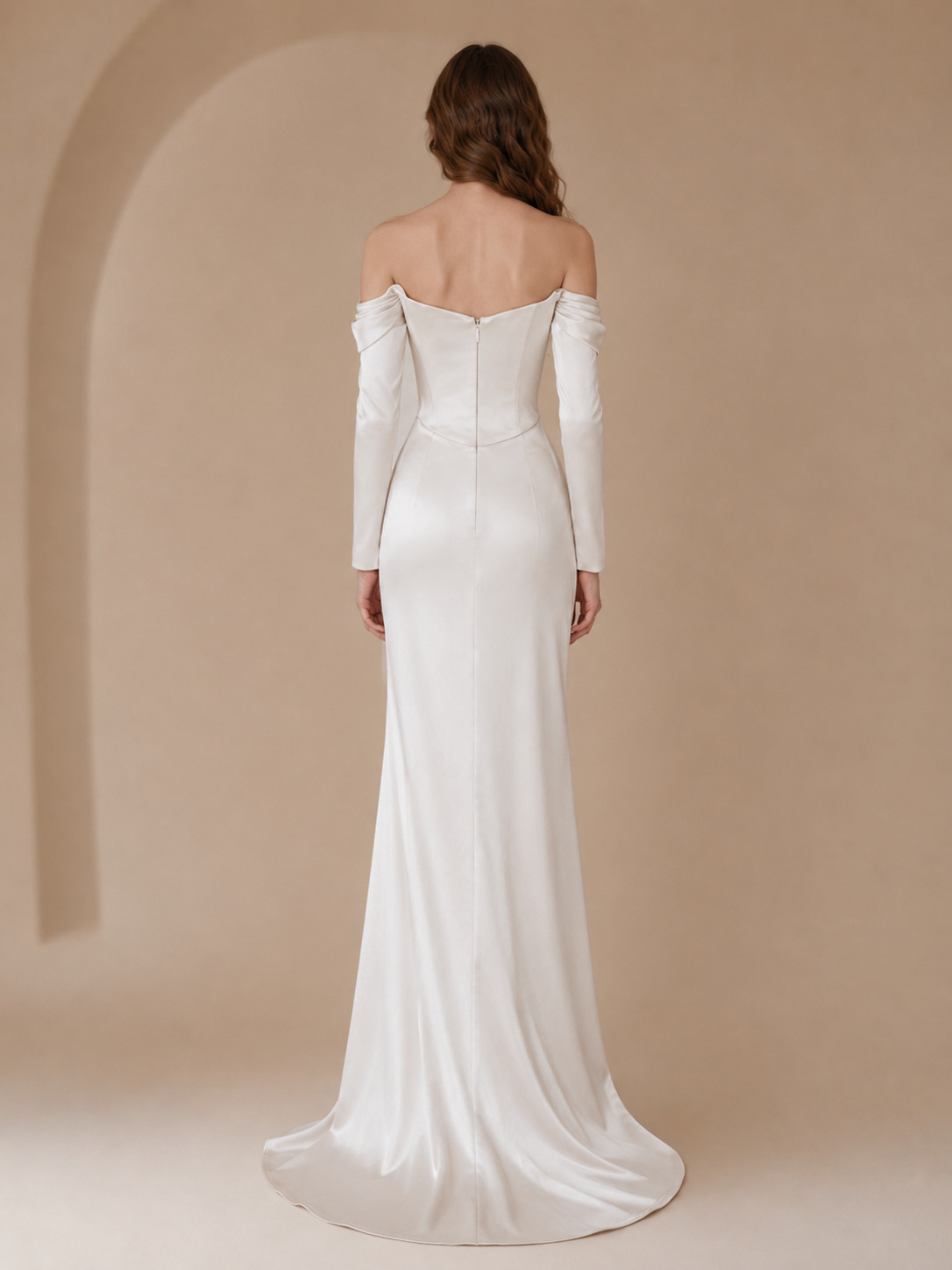White Off-the-Shoulder Long-Sleeve Satin Column Wedding Dress 