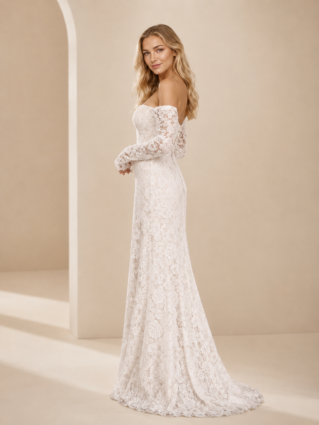 White Off-the-Shoulder Sweetheart Allover Lace A-Line Wedding Dress 