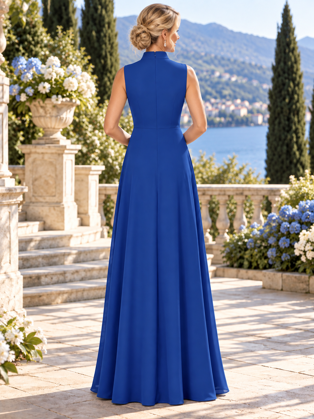 Royal Blue High-Neck Floral Embroidered Asymmetrical A-Line Maxi Mother of the Bride & Groom Dresses 