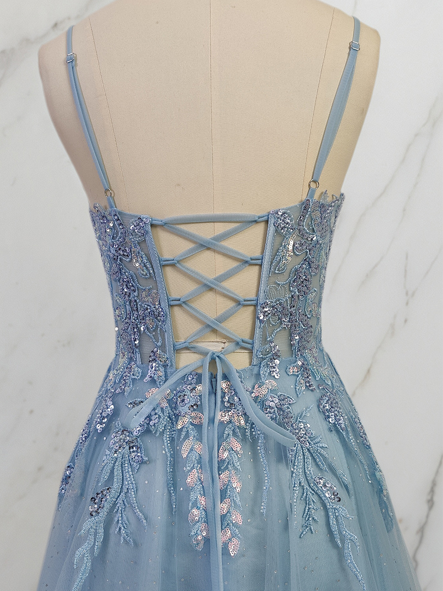 Dusty Blue Lace Appliqué Tulle A-Line Long Prom Dress