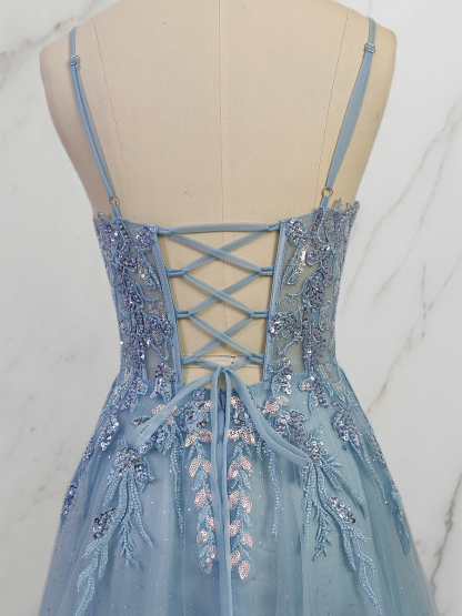 Dusty Blue Lace Appliqué Tulle A-Line Long Prom Dress
