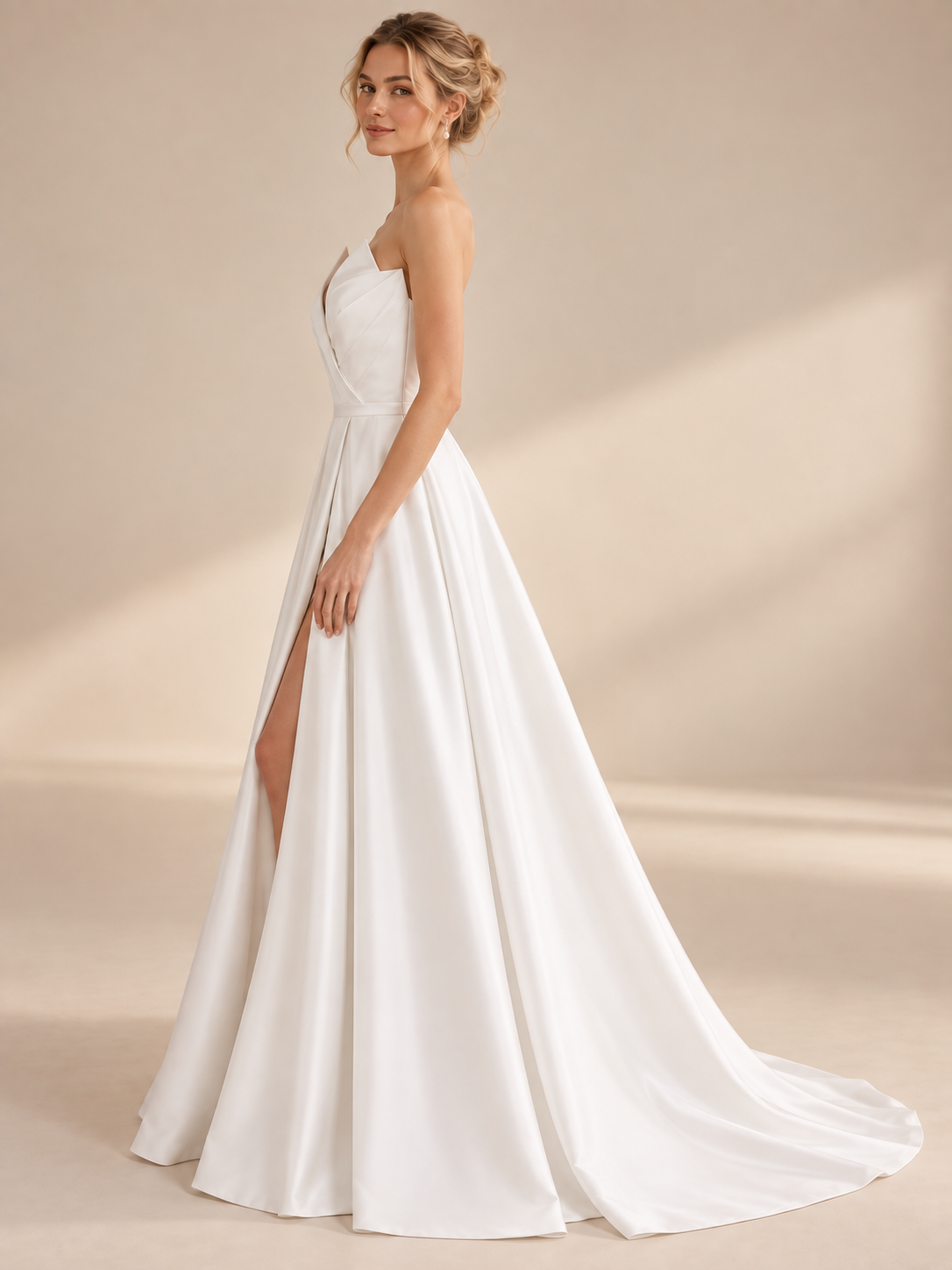 Luminous Architectural Origami Satin Slit Strapless A-Line Wedding Dress 