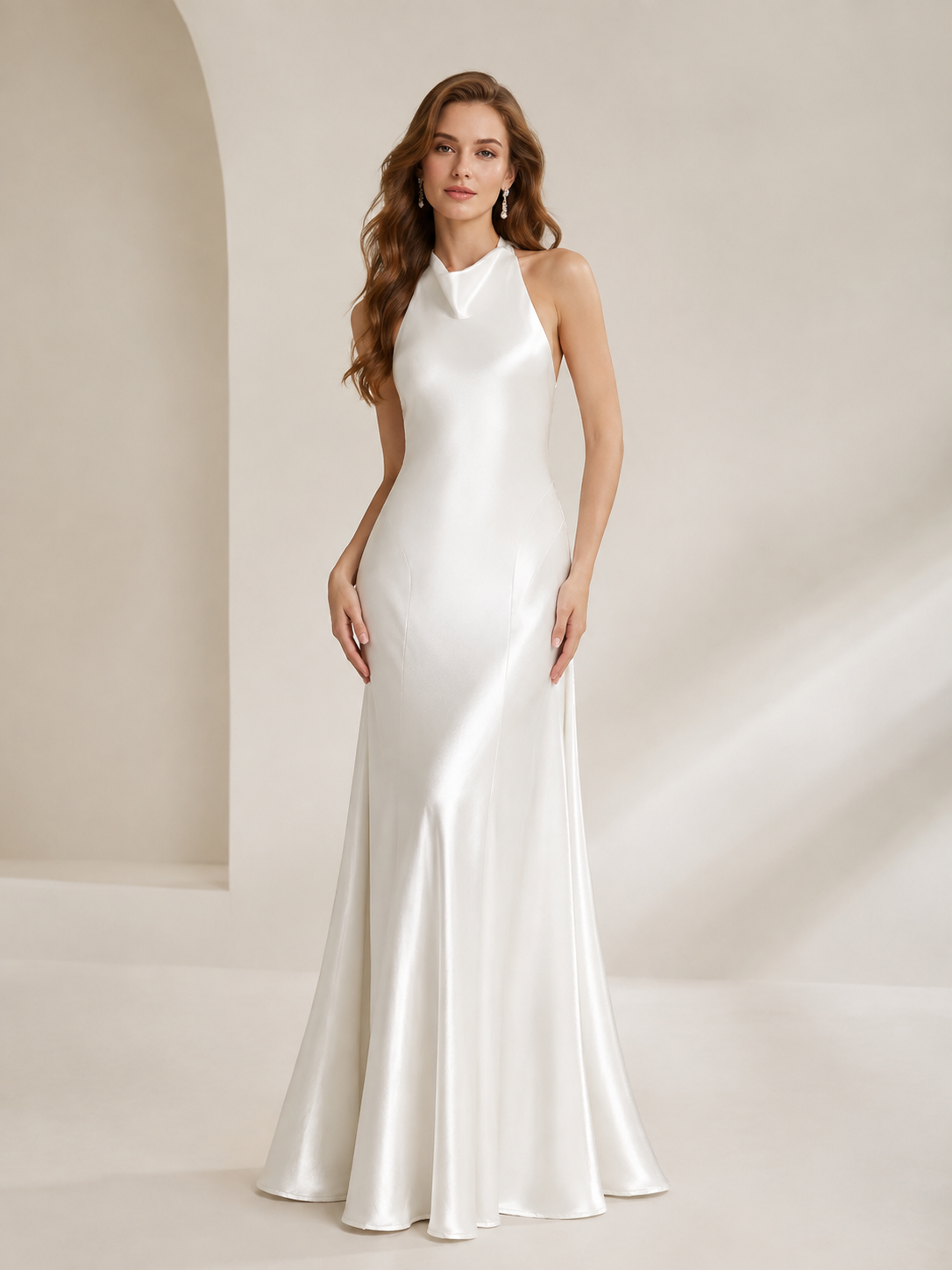 White Mermaid Halter Charmeuse Satin Wedding Dress