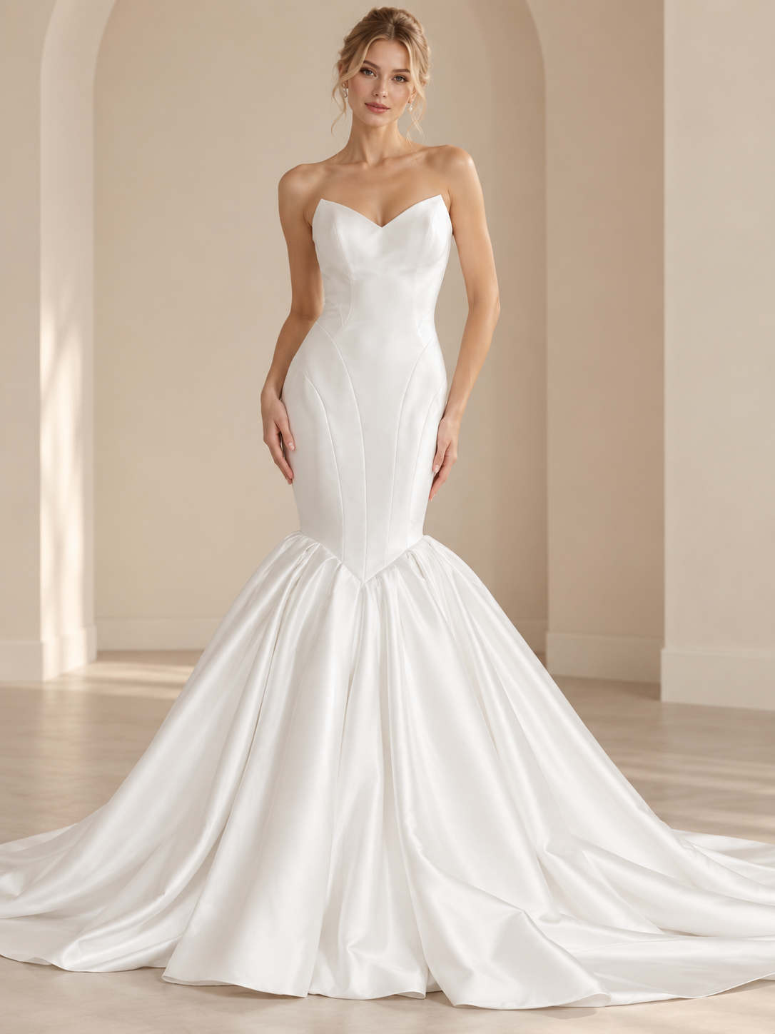 Ivory Sculpted Satin Strapless Sweetheart Mermaid Wedding Dress 