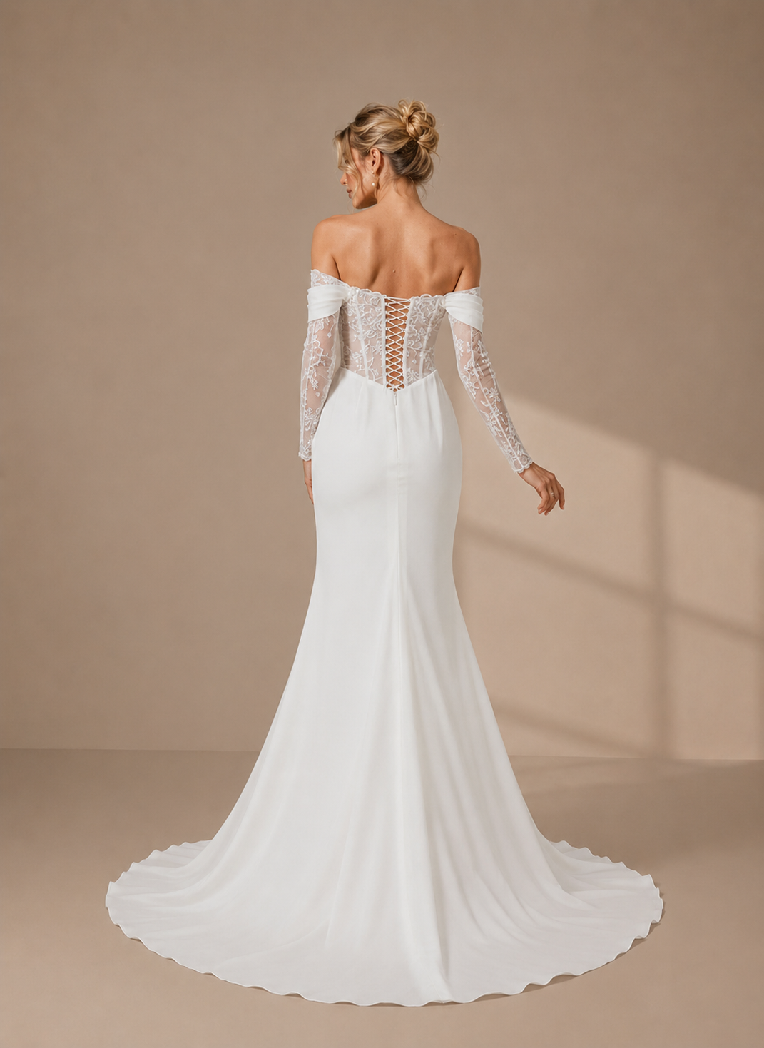 Ivory Couture-Inspired Lace Corset Slit Off-The-Shoulder Wedding Dress