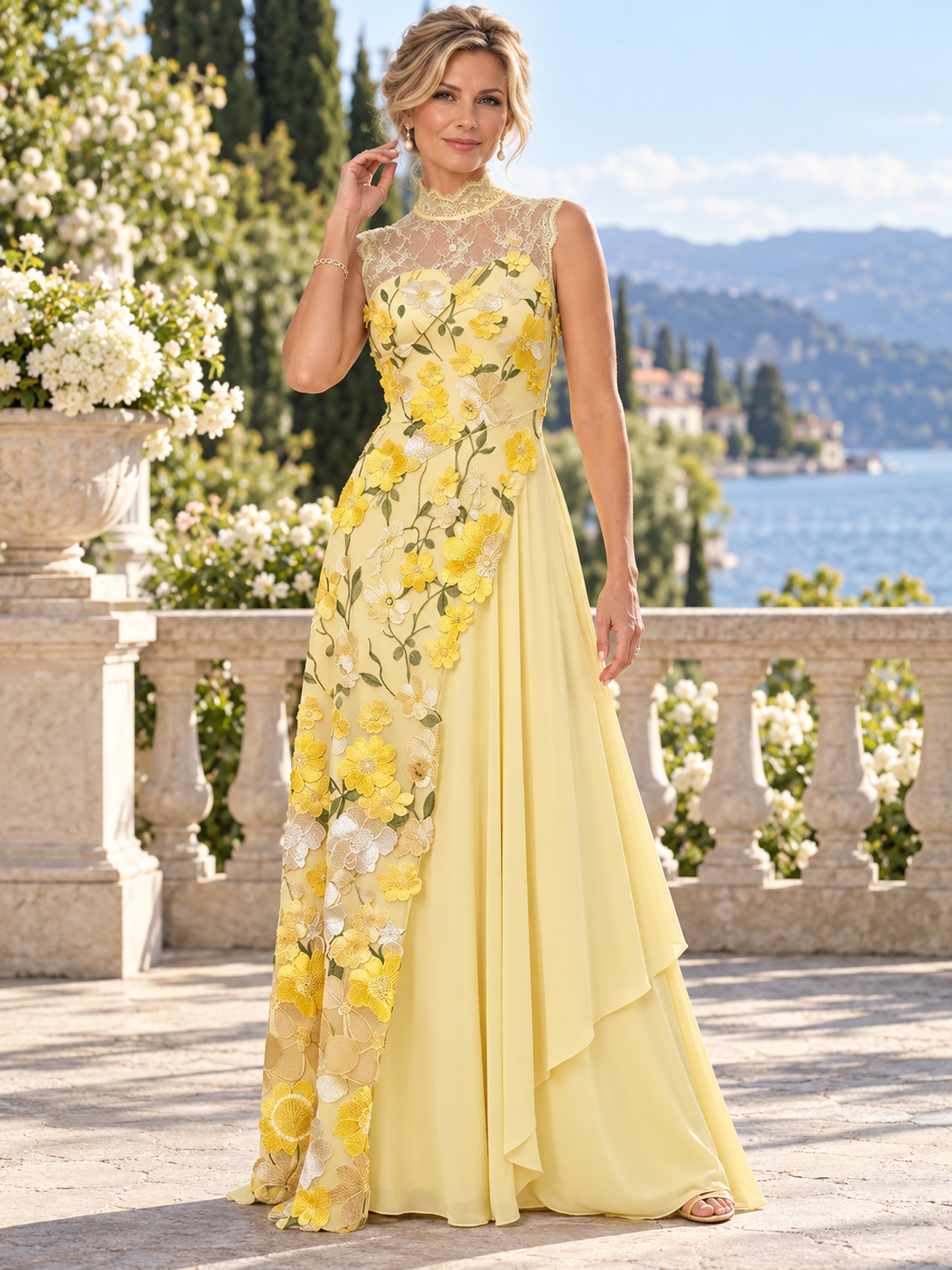 Light Yellow Sheer High-Neck Floral Embroidered Asymmetrical A-Line Maxi Mother of the Bride & Groom Dresses 