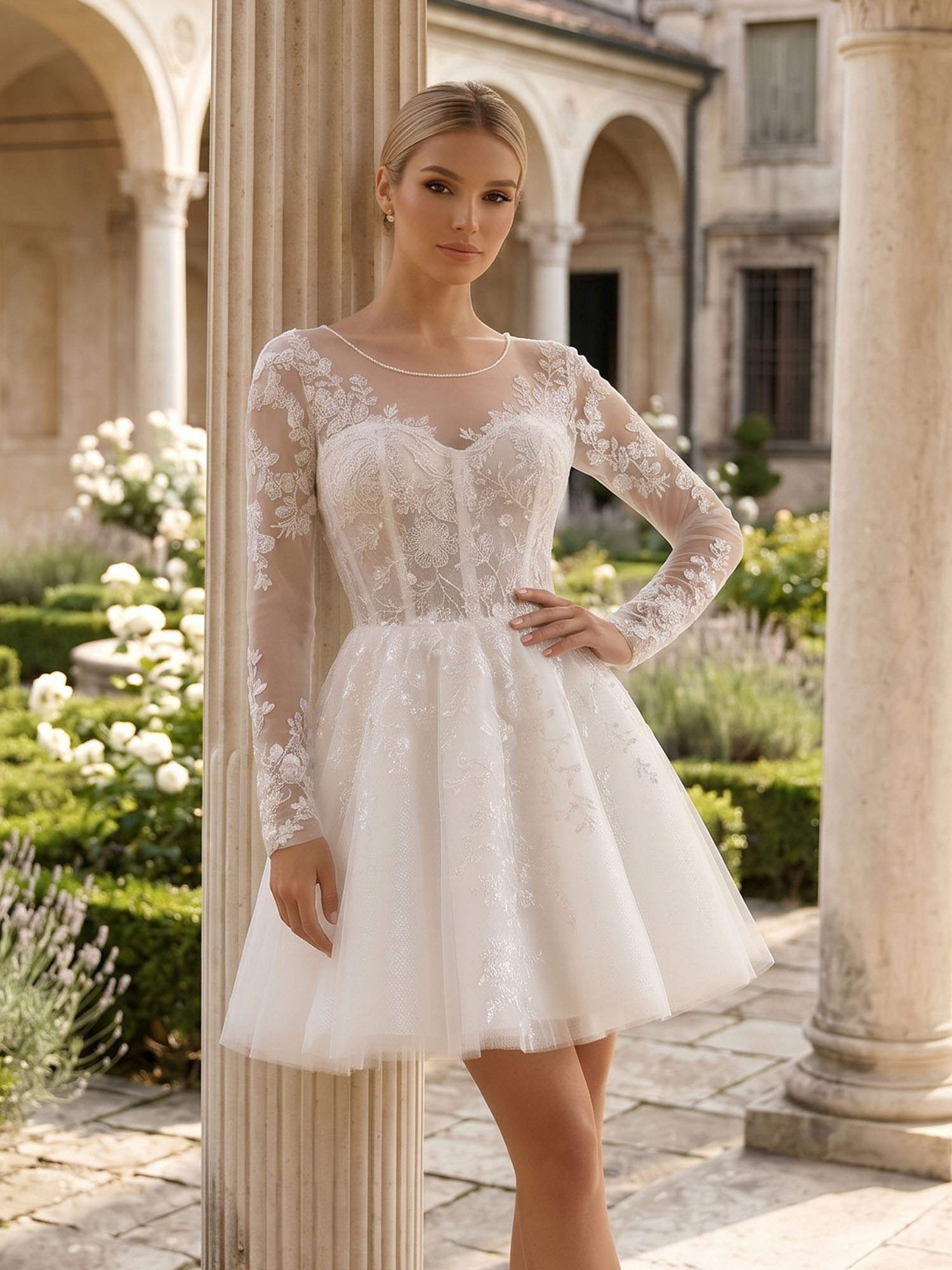 Enchanting Ivory Lace Illusion Corset Tulle Mini Wedding Dress 
