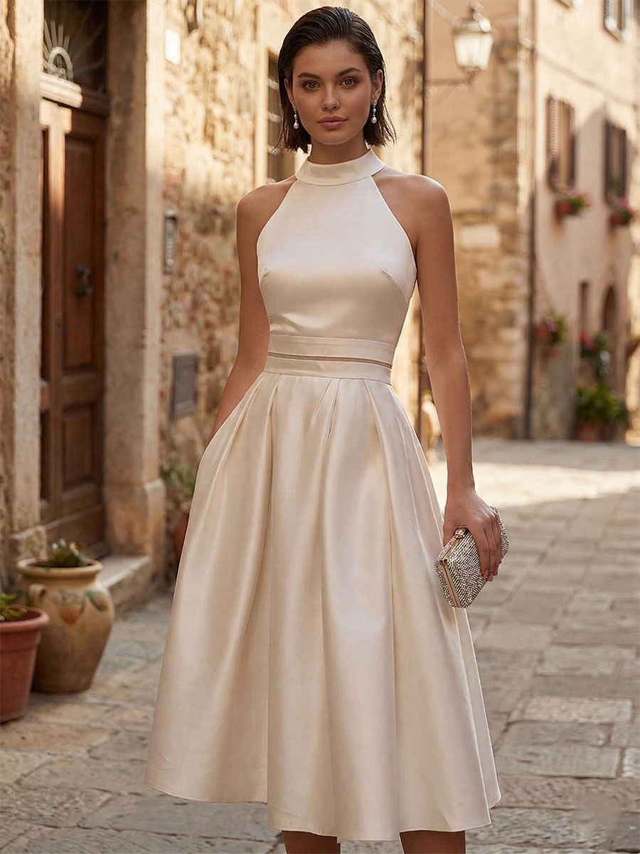 Chic Ivory Satin Halter Midi Dress Party Gown