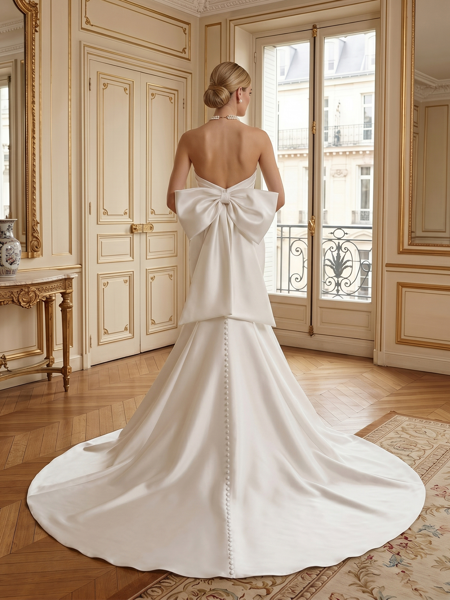 Statuesque Ivory Satin Mermaid Wedding Dress with Dramatic Statement Bow