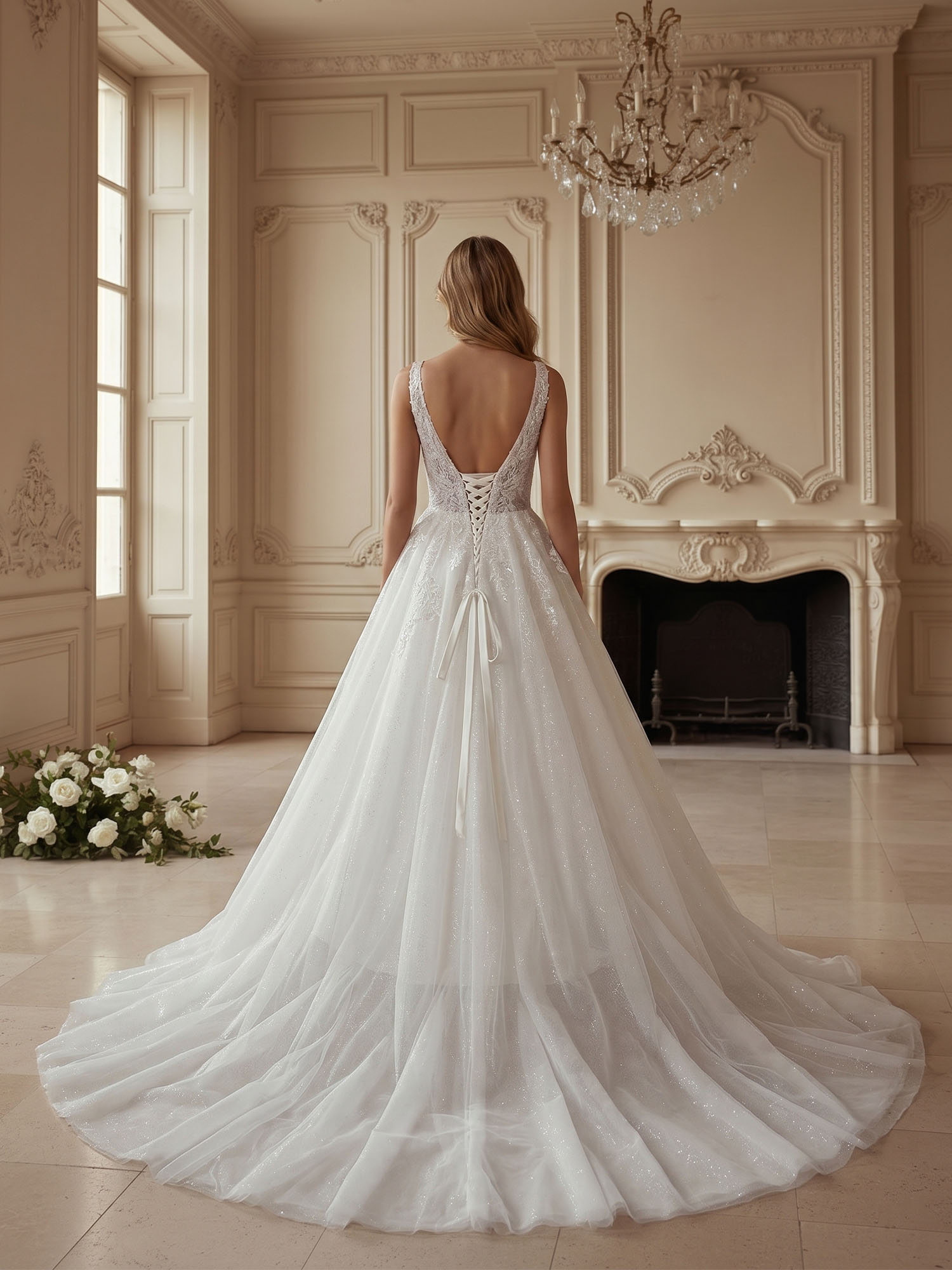 Ivory Shimmering Celestial Lace A-Line Wedding Dress