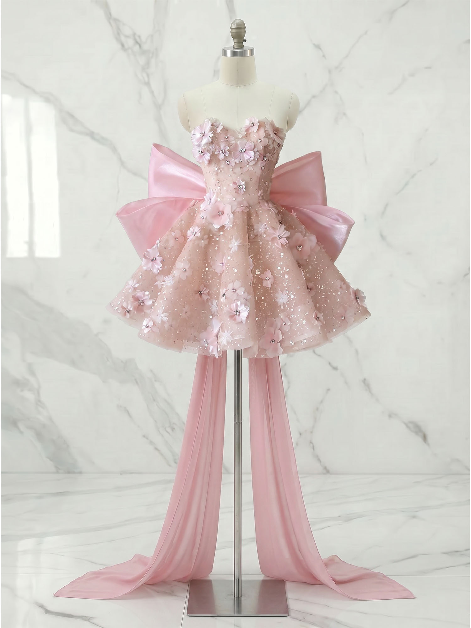 Enchanting Pink Floral Applique High-Low Dress with Statement Bow Homecoming Dress 