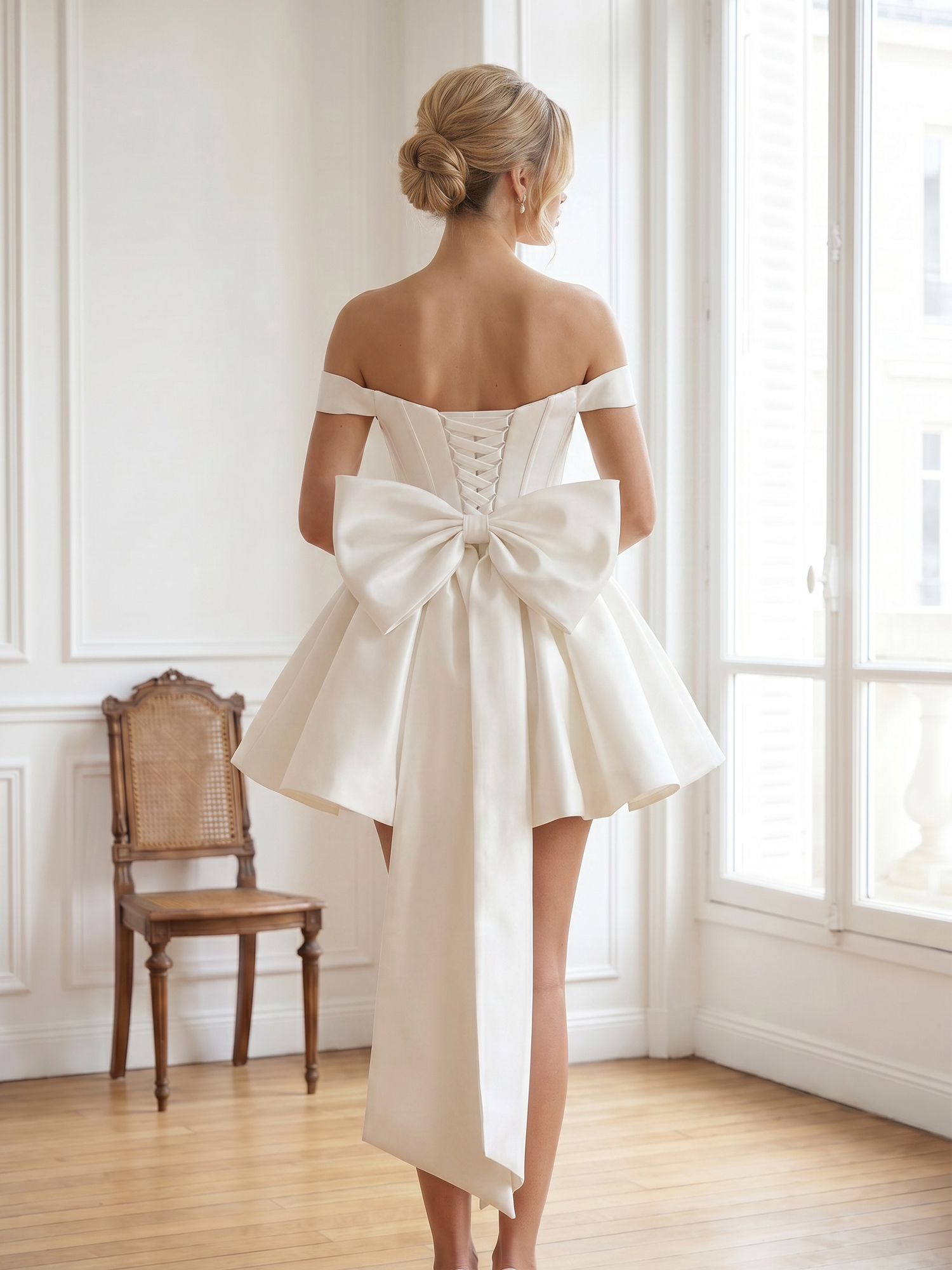 Romantic Ivory Satin A-Line Off-The-Shoulder Corset Wedding Dress 