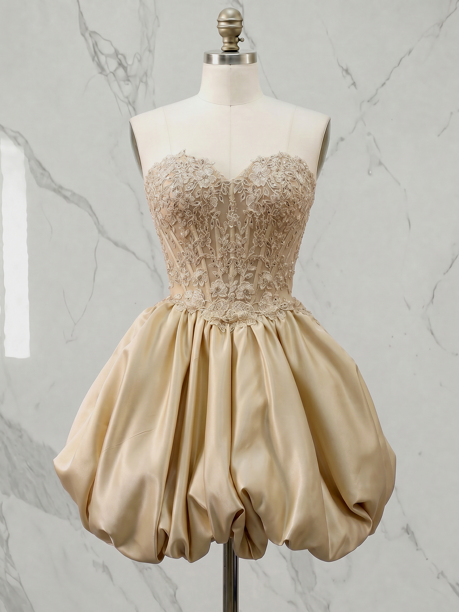Champagne Radiance Lace Corset Satin Bubble Mini Dress Homecoming Dress