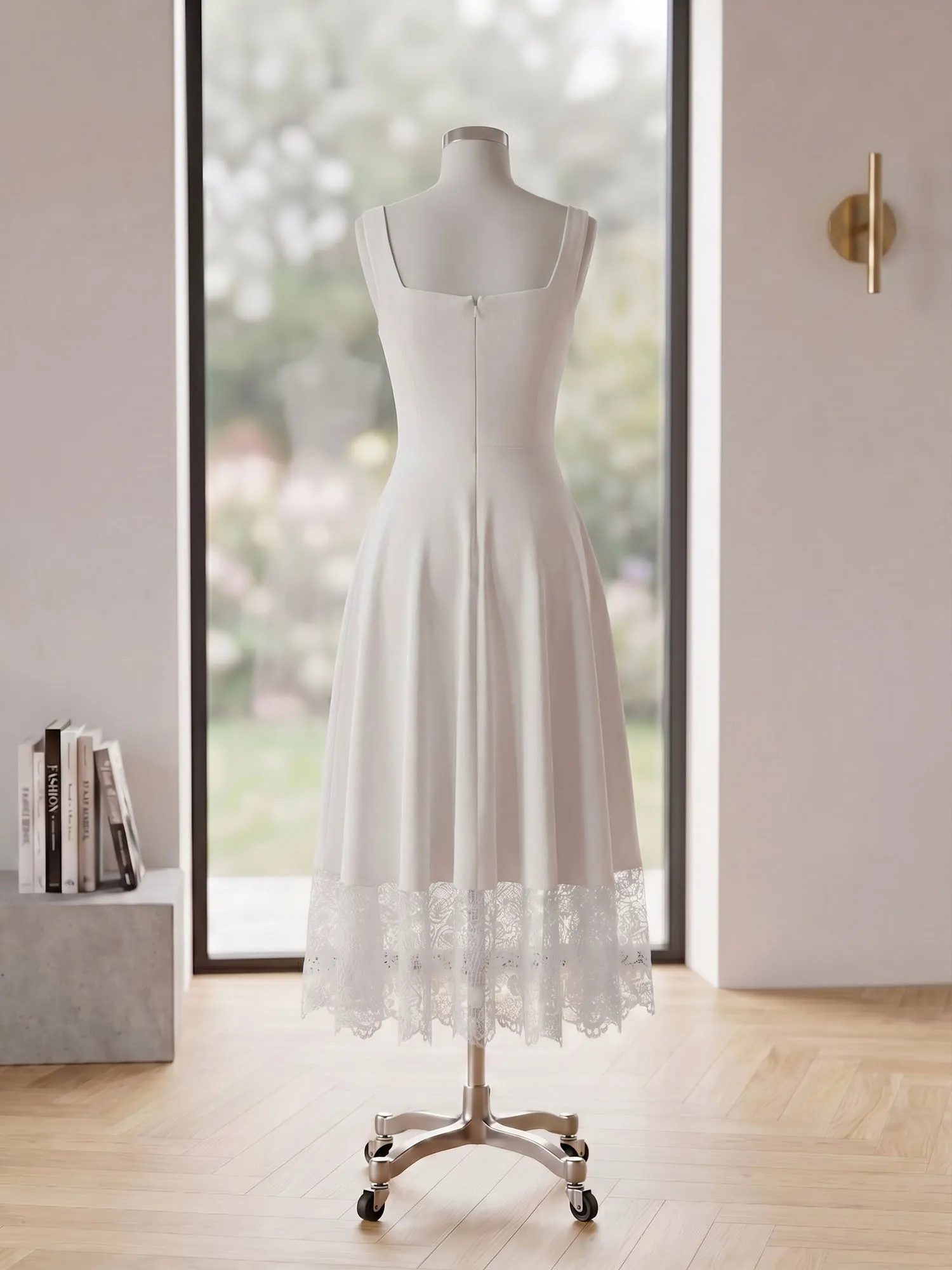 Square Neck Crepe Midi Evening Dress with Lace Hem