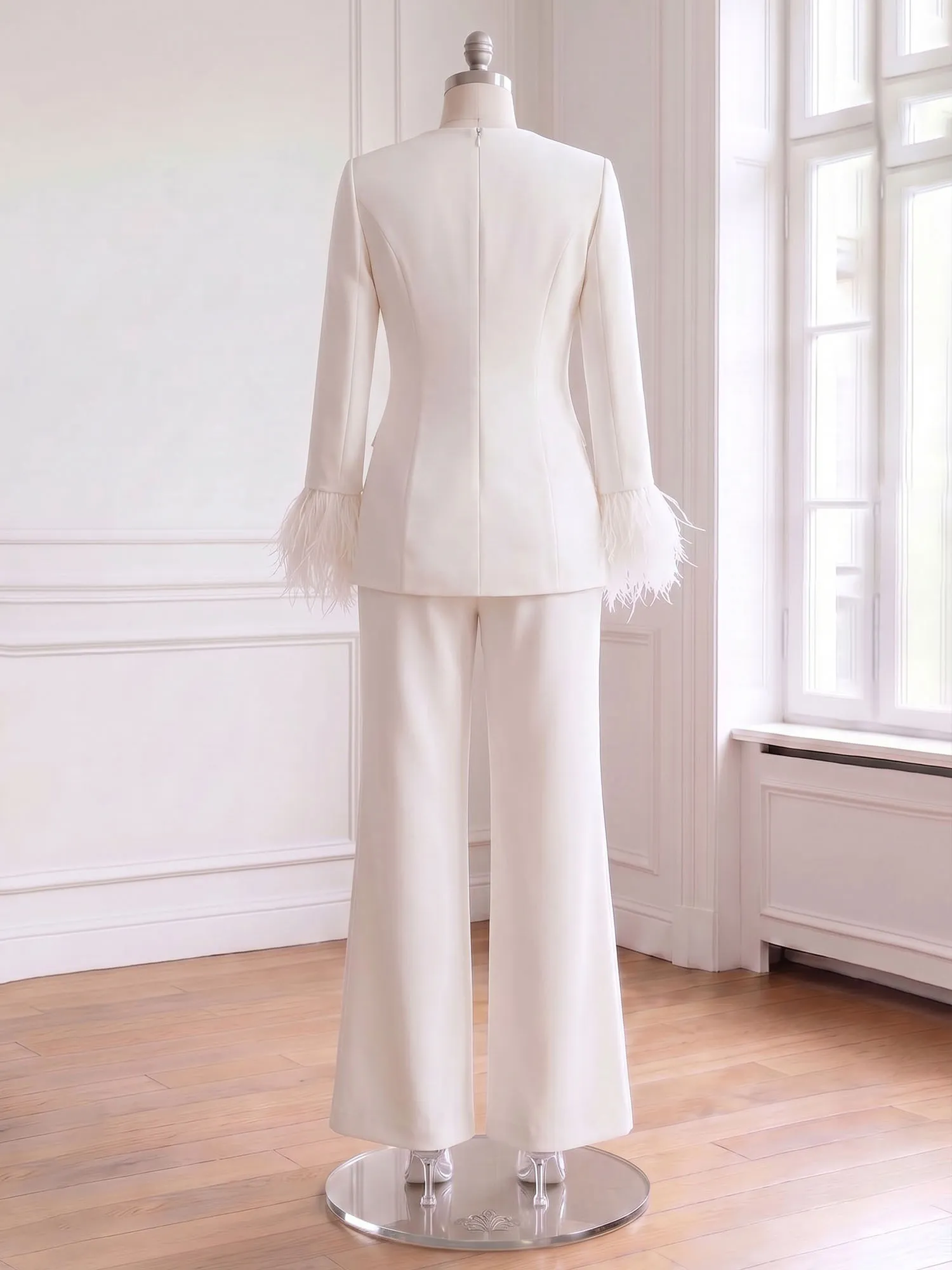 Scoop Neck Feather Cuff Tailored Evening Pant Suit