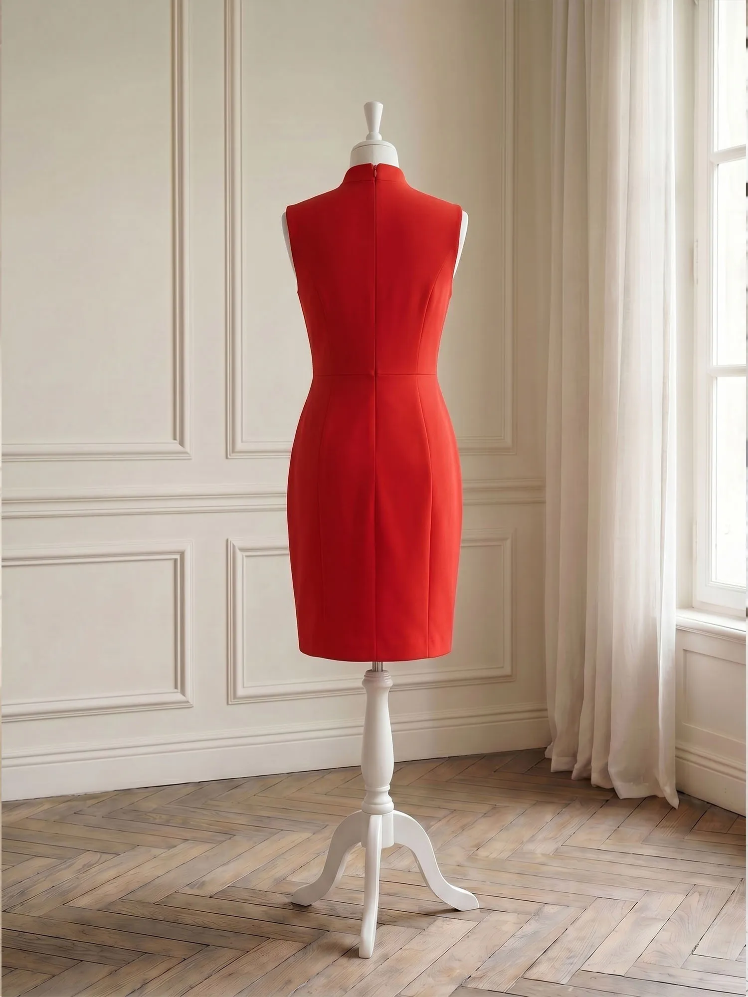 Stand Collar Keyhole Neck Crepe Sheath Evening Dress