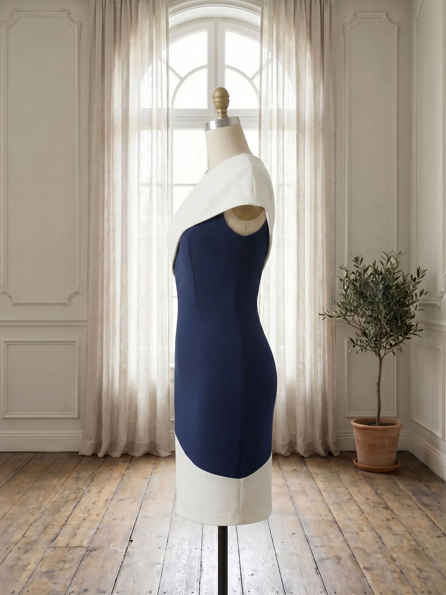 Asymmetric Color-Block Knee Length Sheath Evening Dress