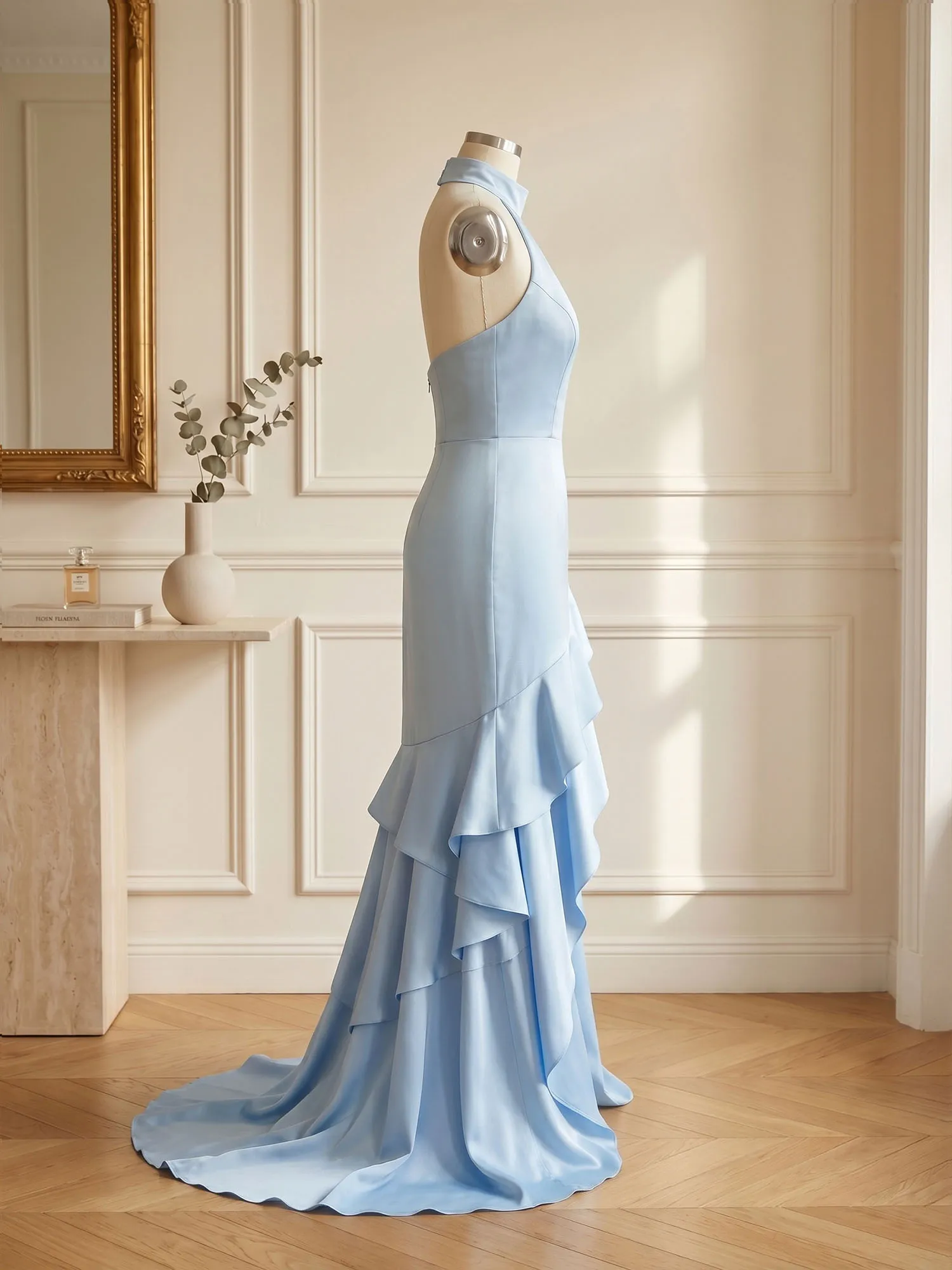 High Neck Keyhole Asymmetric Tiered Satin Evening Gown