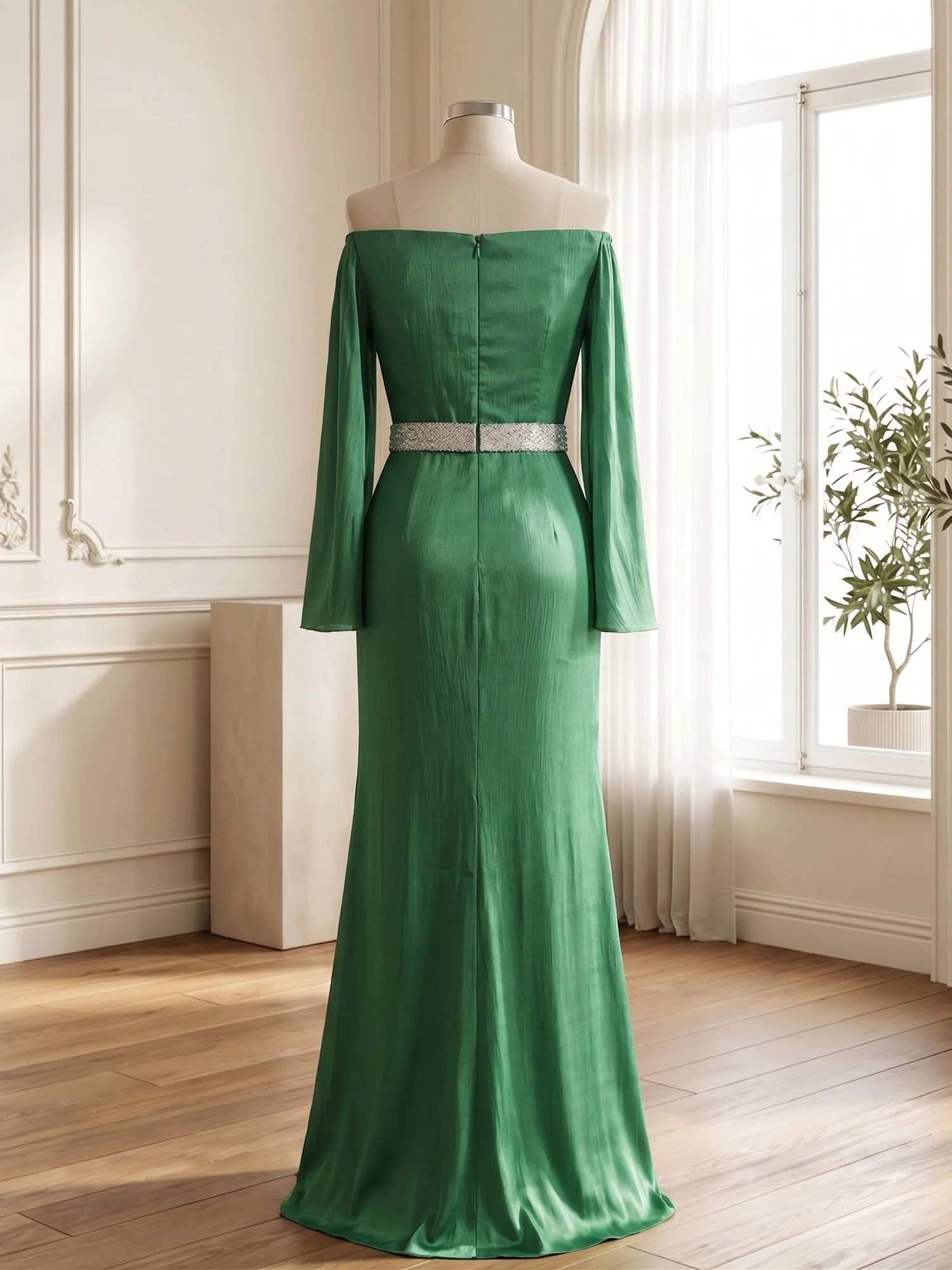 Off-the-Shoulder Pleated Satin Evening Gown with Beaded Waistband