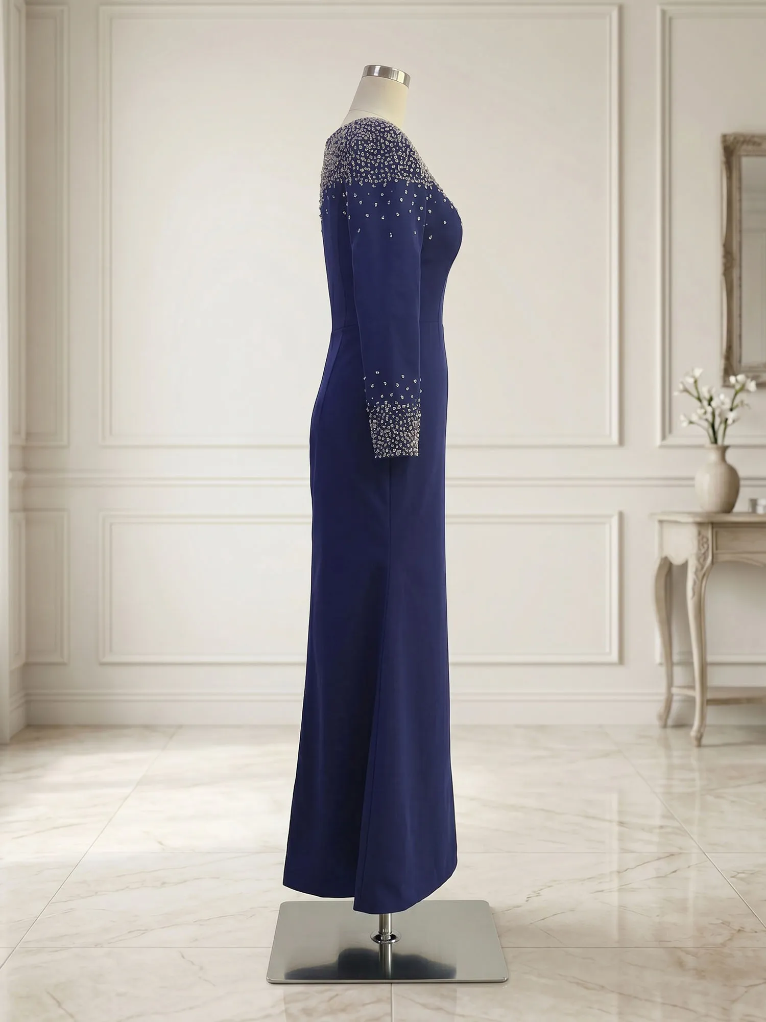 Beaded Off-the-Shoulder Long Sleeve Mermaid Evening Gown