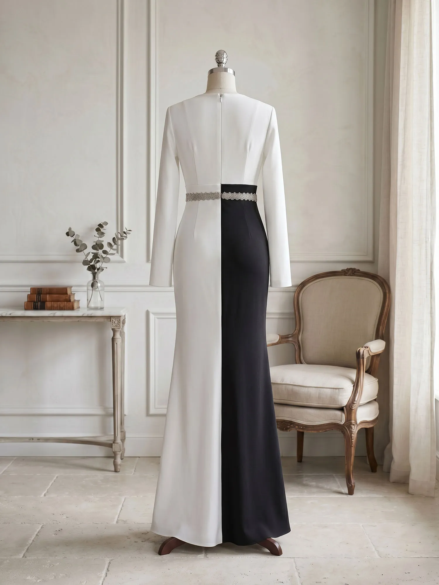 Two-Tone Long Sleeve Mermaid Evening Gown with Beaded Waistband