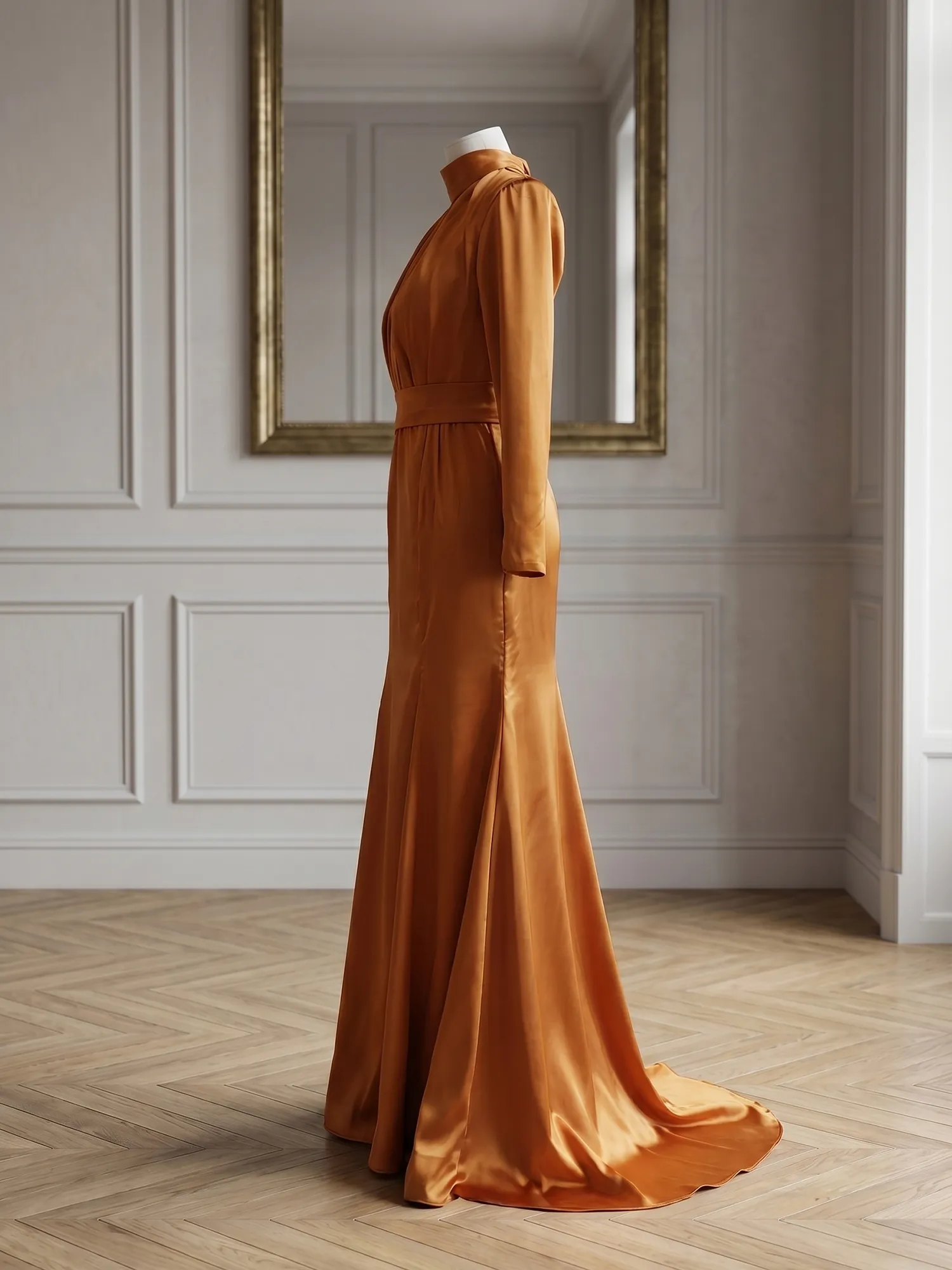 High Neck Long Sleeve Satin Mermaid Evening Gown with Waist Sash