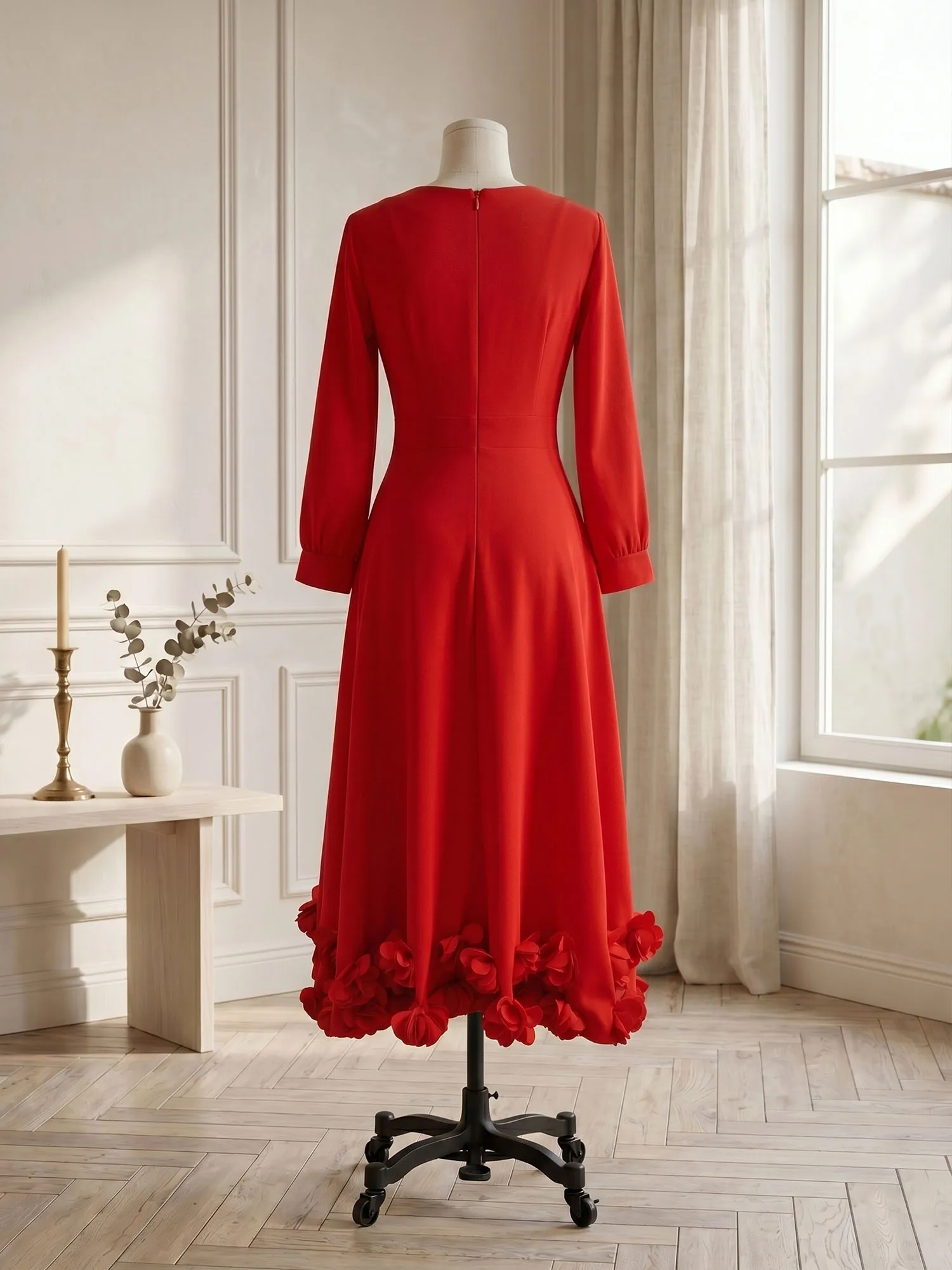 V-Neck Long Sleeve A-Line Midi Evening Dress with 3D Floral Hem