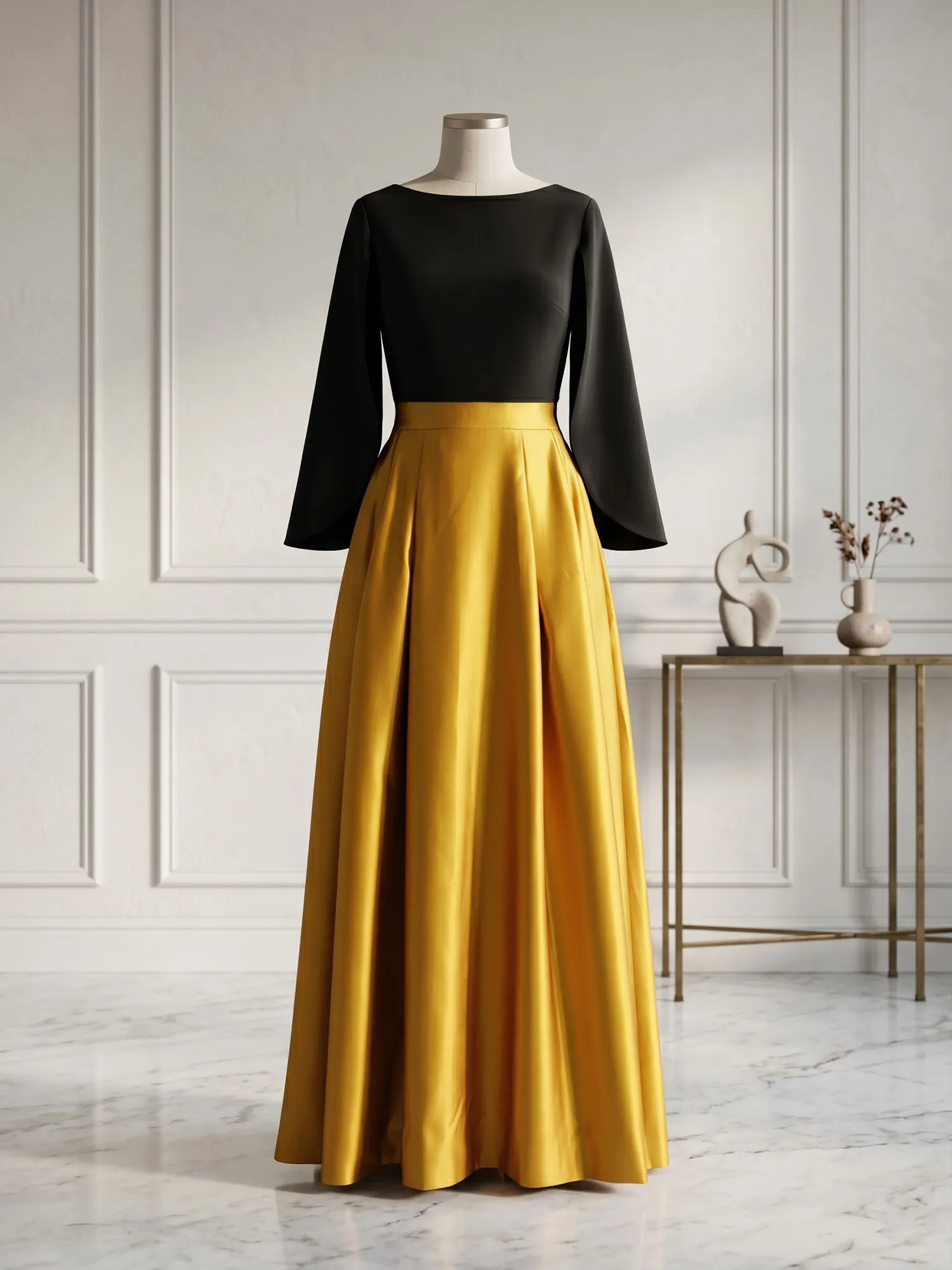Two-Piece Cape Sleeve Satin Ball Gown Evening Dress