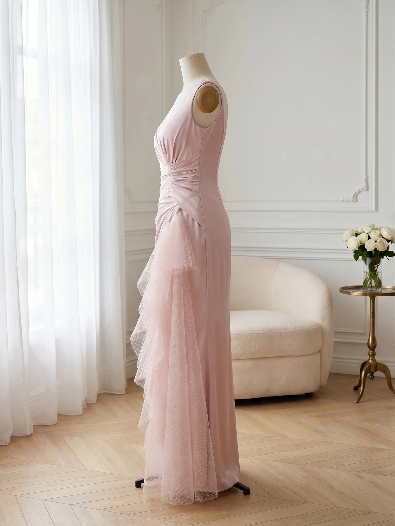 Sleeveless Ruched Sheath Evening Gown with Tulle Ruffle Detail