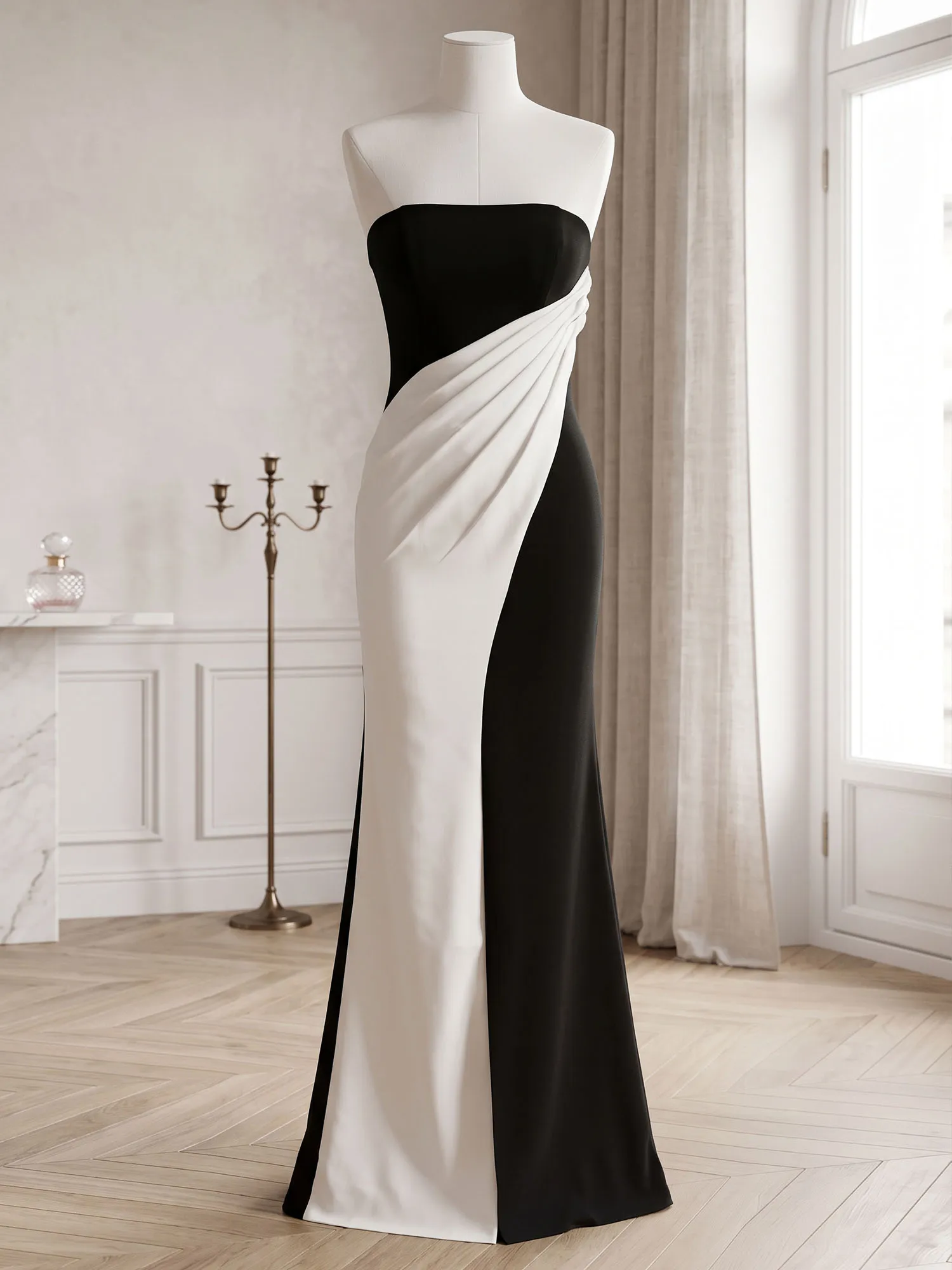 Strapless Two-Tone Draped Mermaid Evening Gown