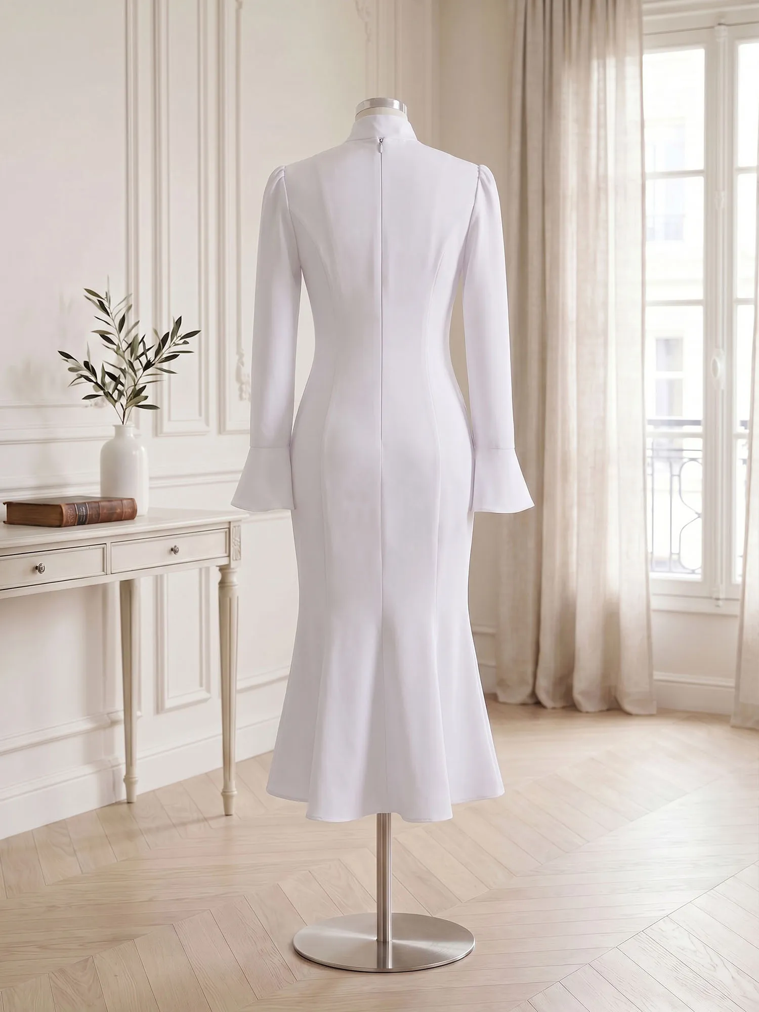 High Neck Bow Tie Long Sleeve Midi Mermaid Evening Dress