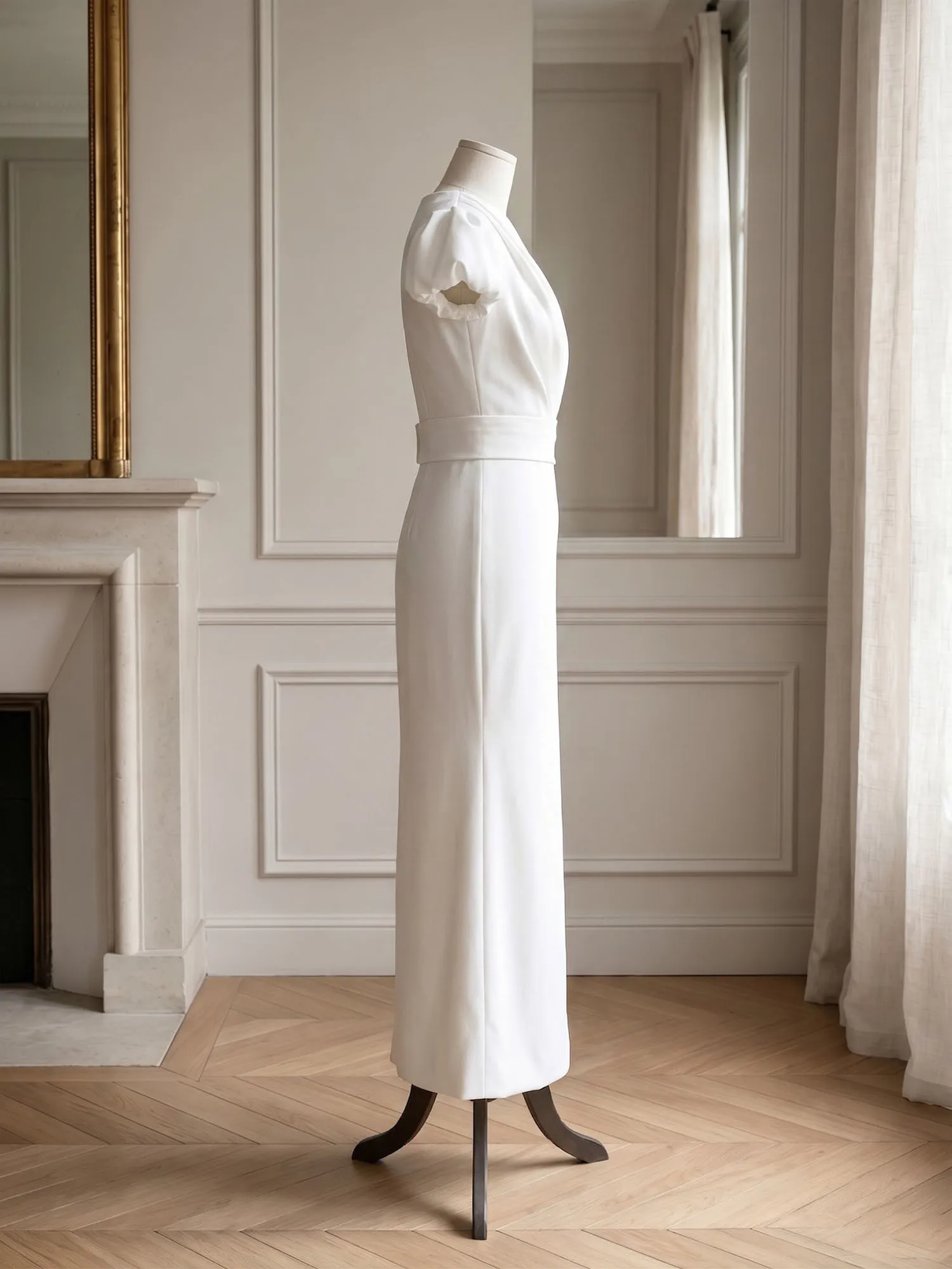 Keyhole Neck Puff Sleeve Belted Sheath Midi Evening Dress
