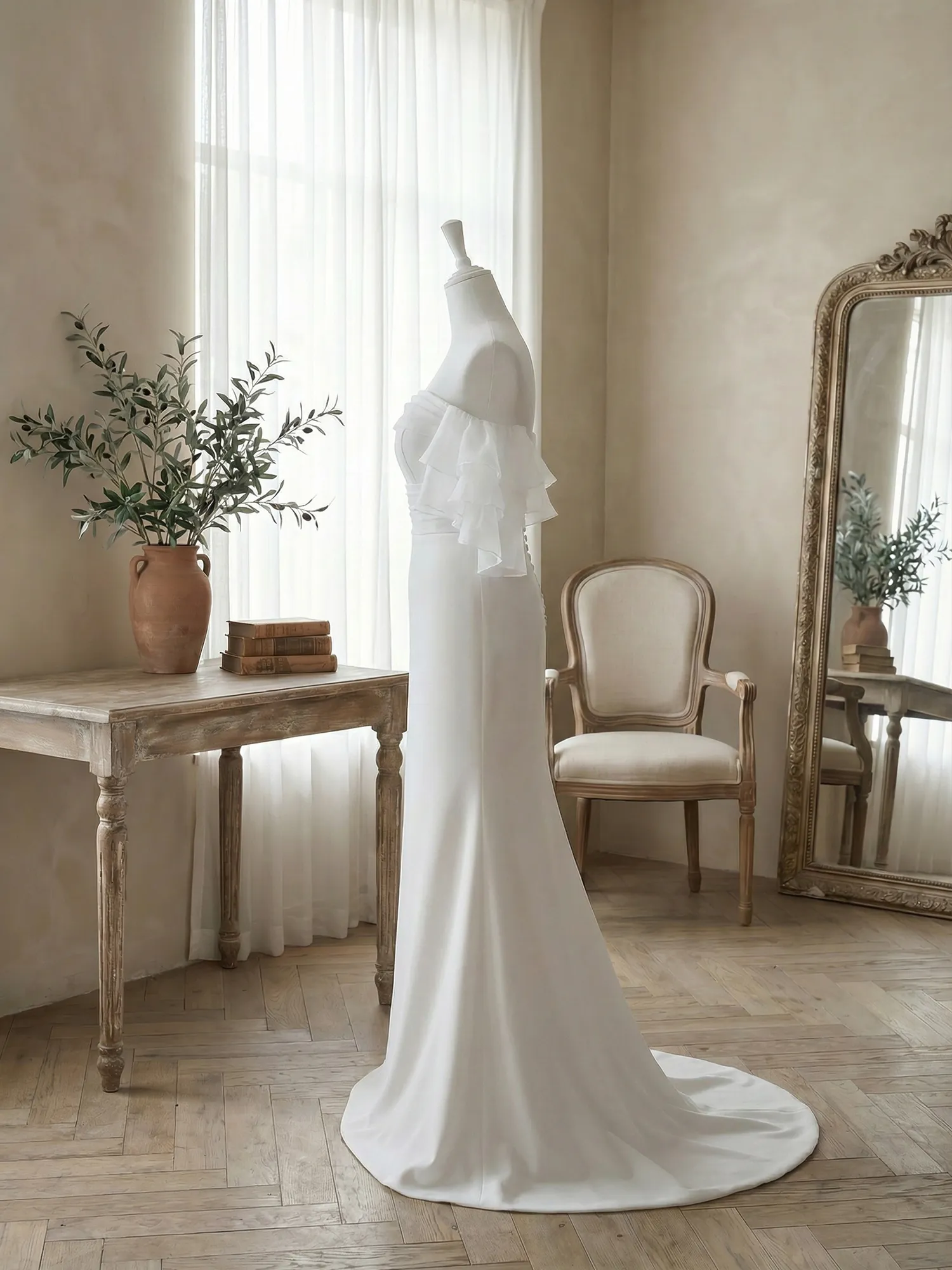 Off-the-Shoulder Tiered Organza Sleeve Mermaid Evening Gown