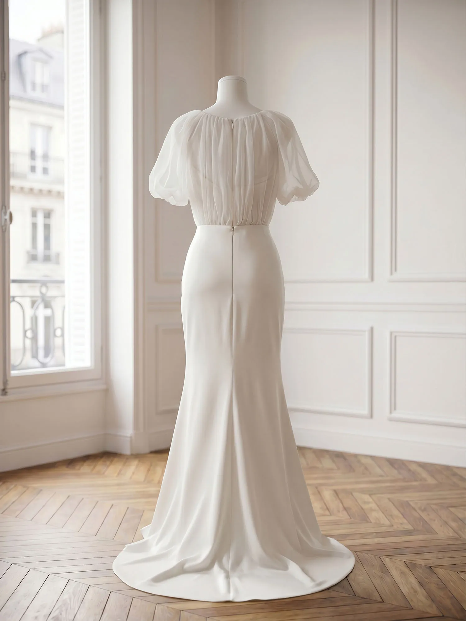 Bateau Neck Organza Bubble Sleeve Mermaid Evening Gown